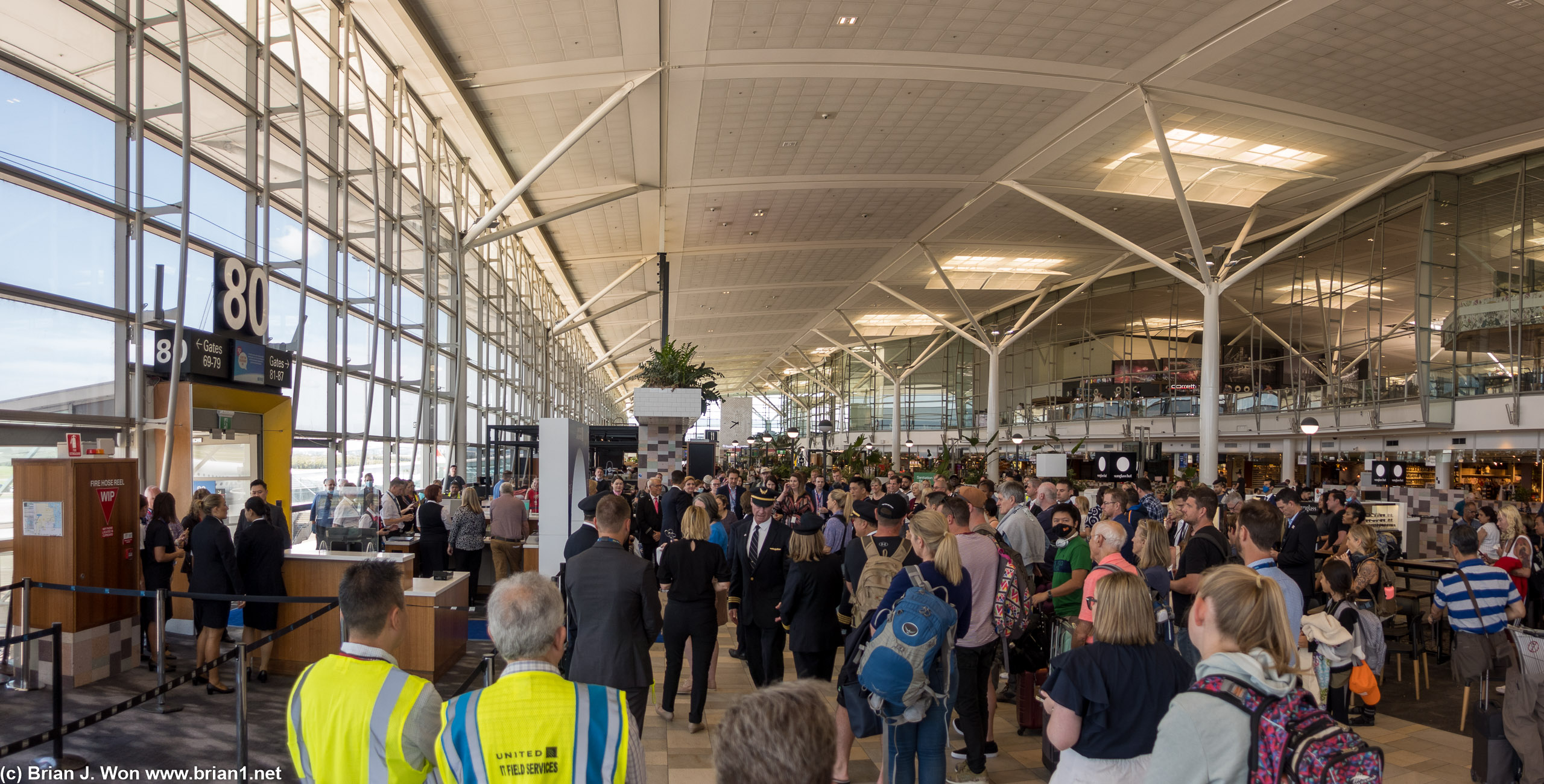 Brisbane Airport's international terminal is crowded with passengers ready for the inaugural flight from BNE-SFO.