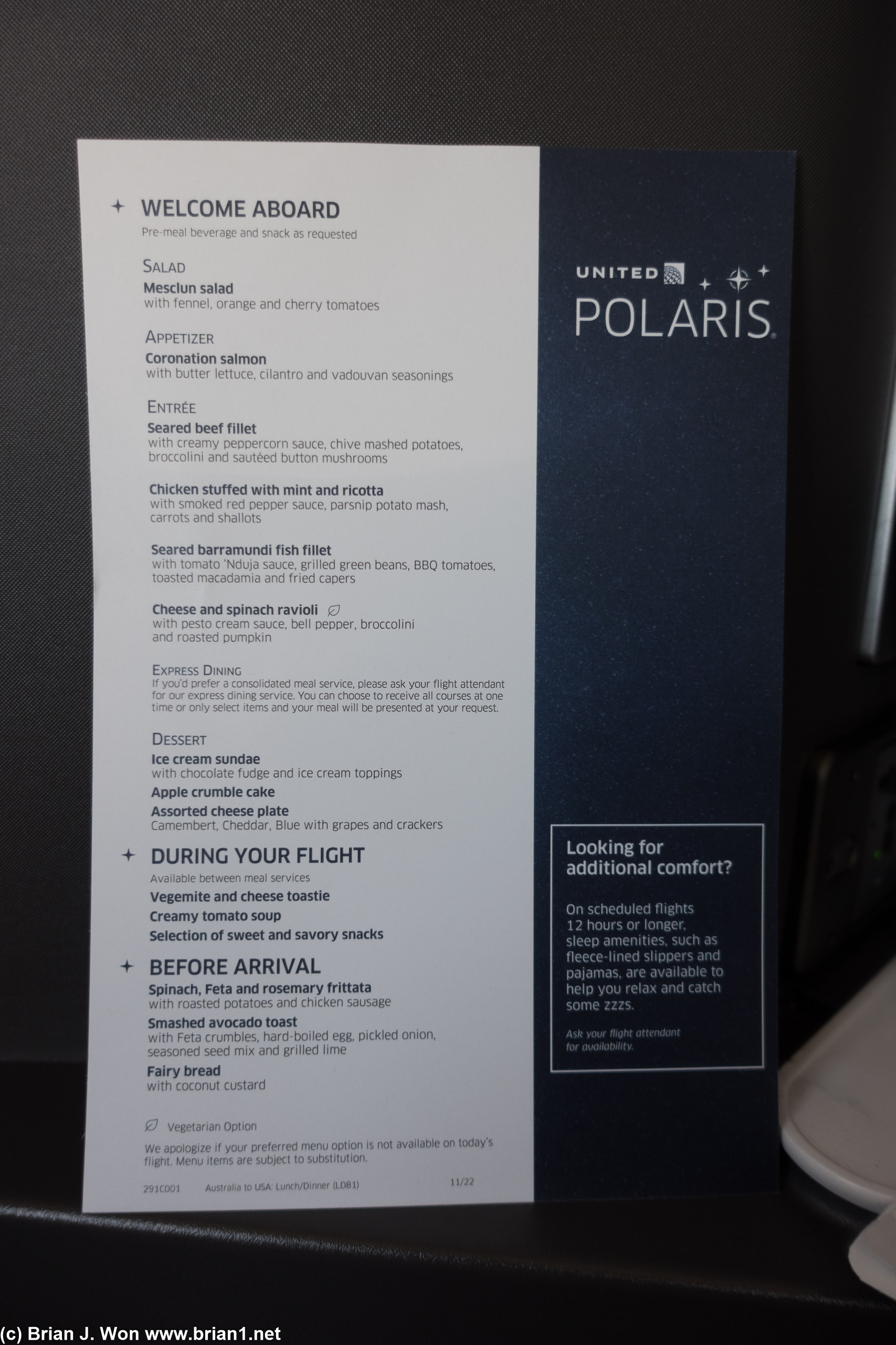The new November 2022 dining menu, rolled out a day early for the inaugural BNE-SFO.
