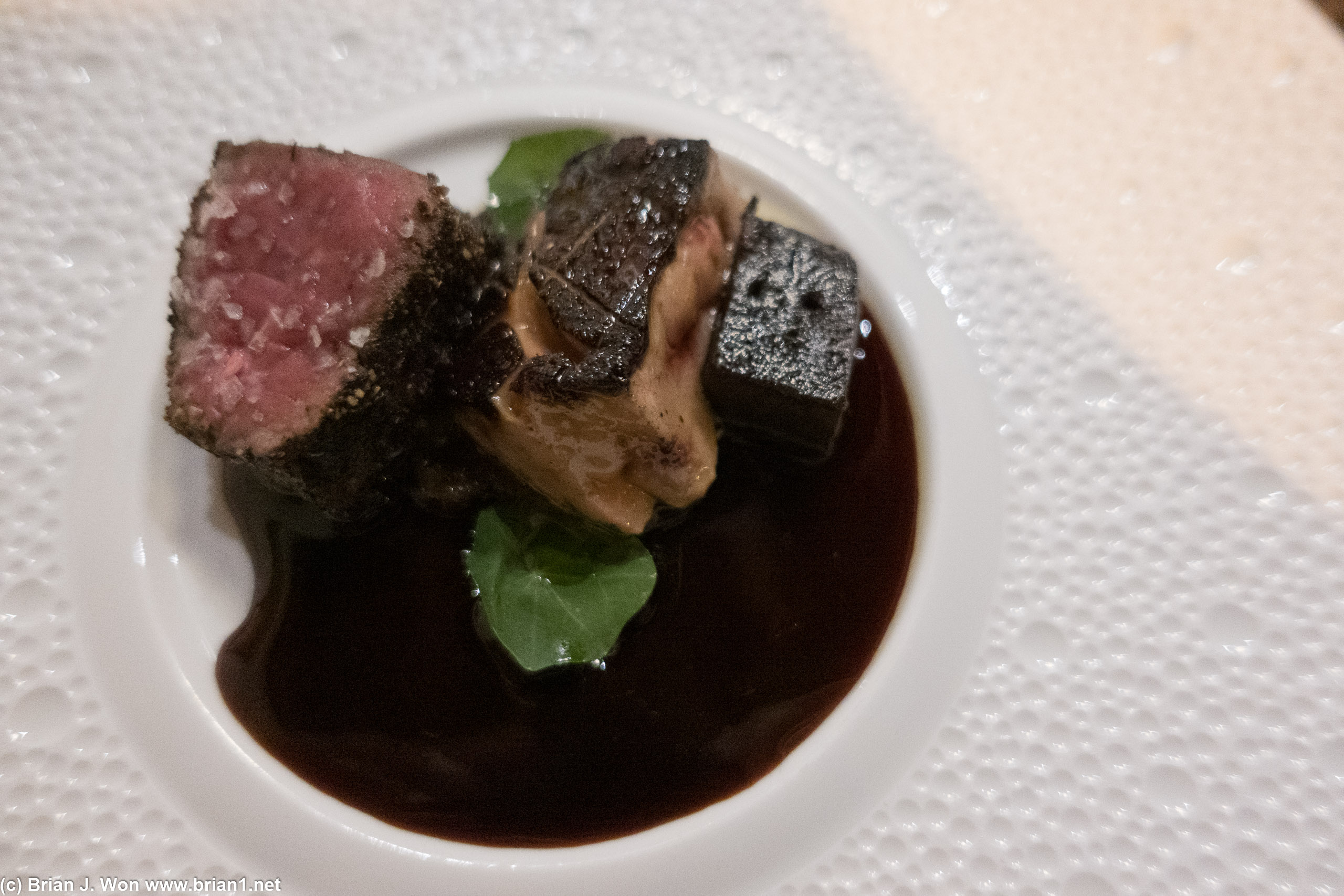 Dry aged elk, foie gras. Foie gras quite overwhelming, and the elk had too much gristle.