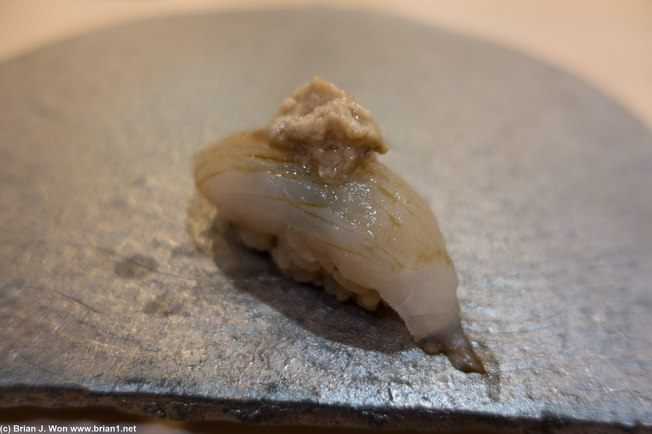 Kawahagi (file fish) topped with its own liver.