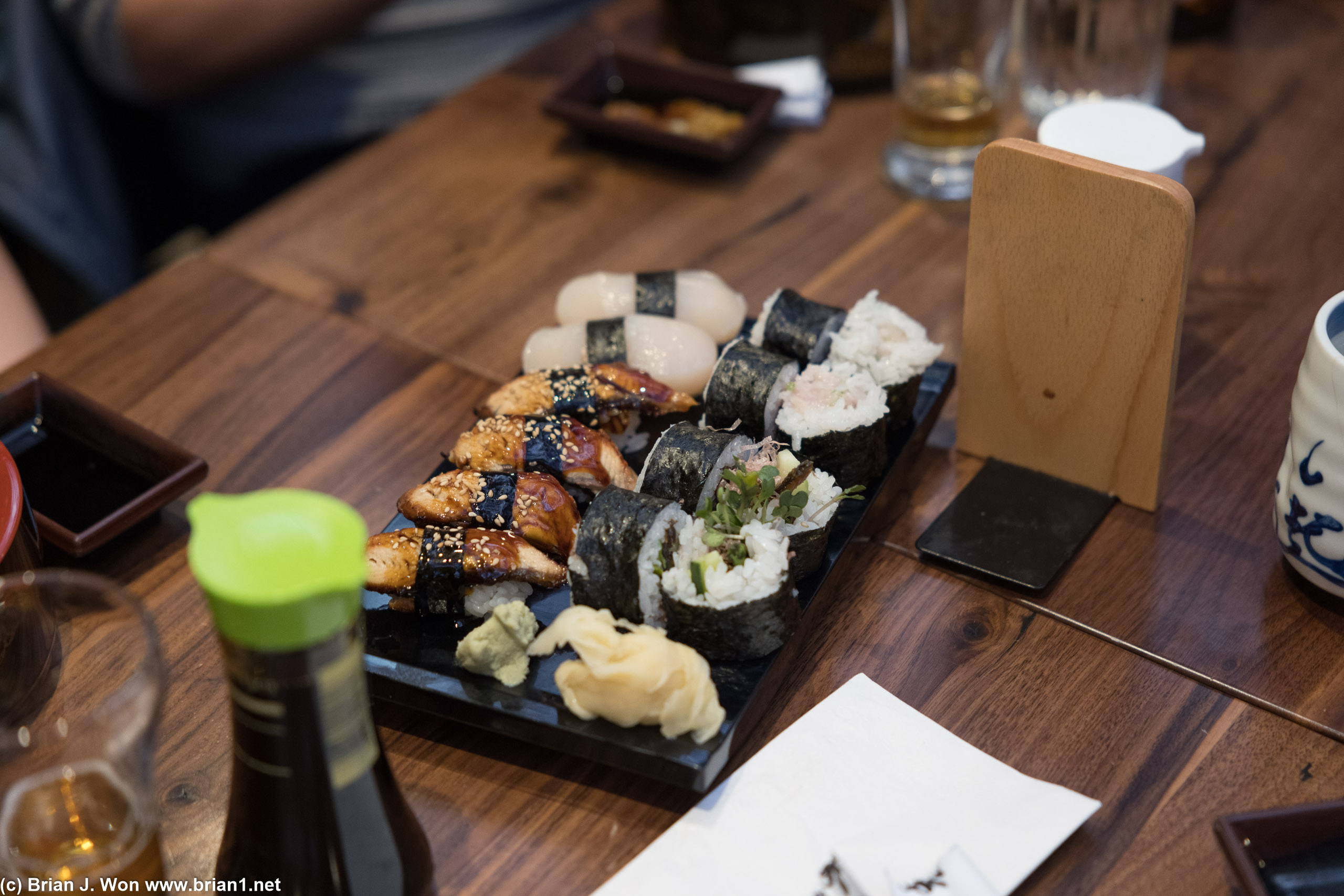 More sushi: unagi (freshwater eel), hotate (scallop), salmon skin, and I think that's hamachi (yellowtail).