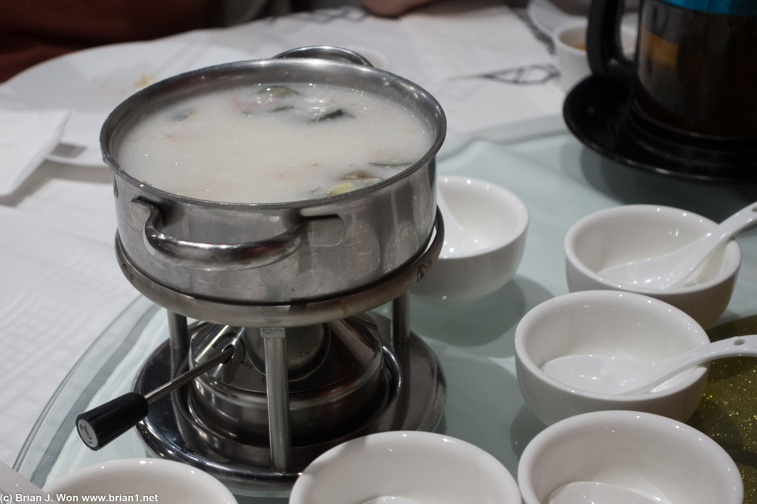 Pei dan sau yuk jook was pretty good, but the burner was totally unnecessary as the pot was empty after serving the table.