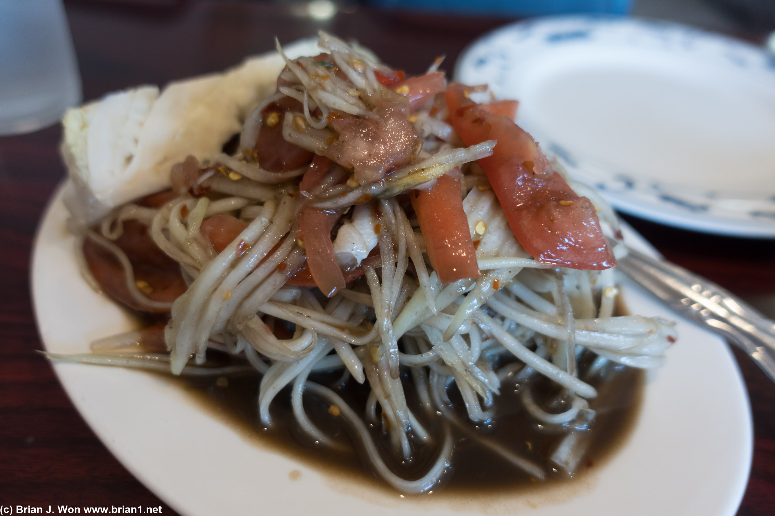 Papaya salad, Lao style with blue crab, was good but not much for color.
