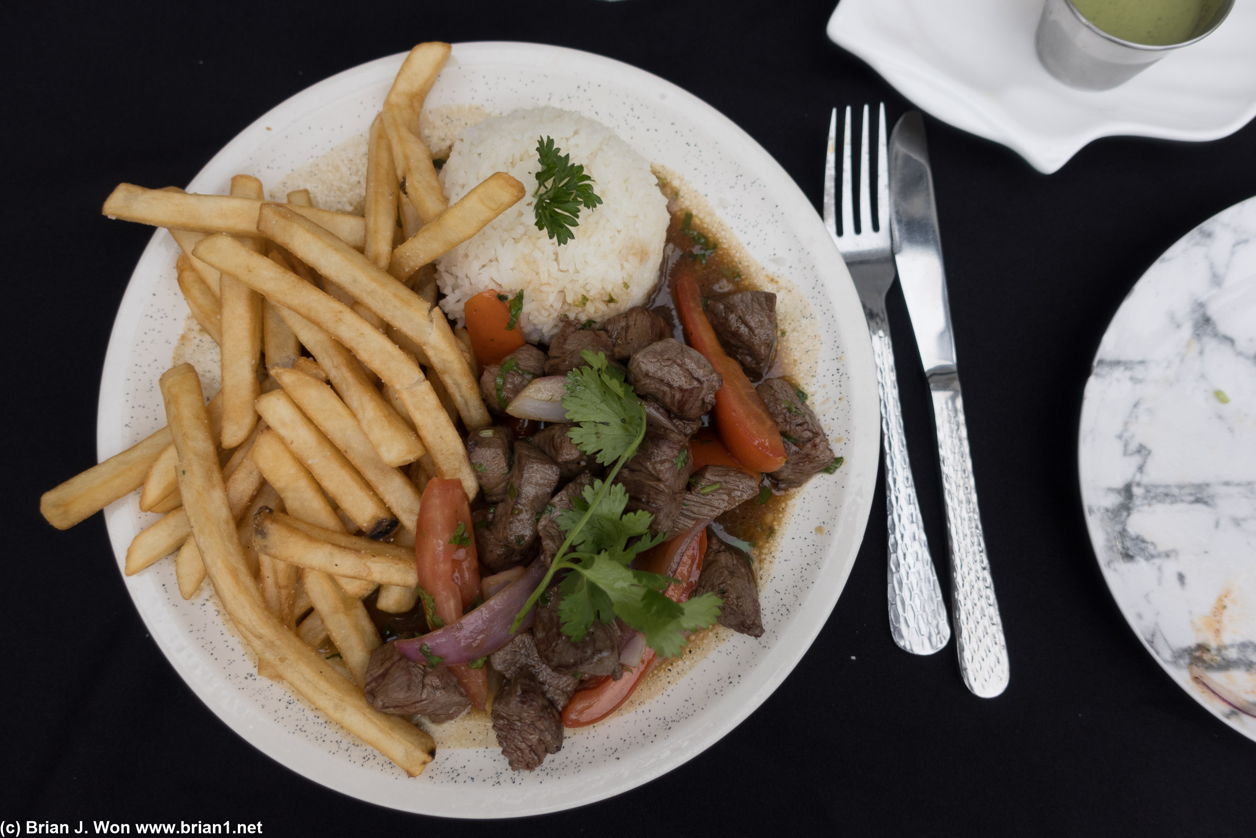 Lomo saltado was okay, everything about it but the sauce was good-- sauce was too salty.