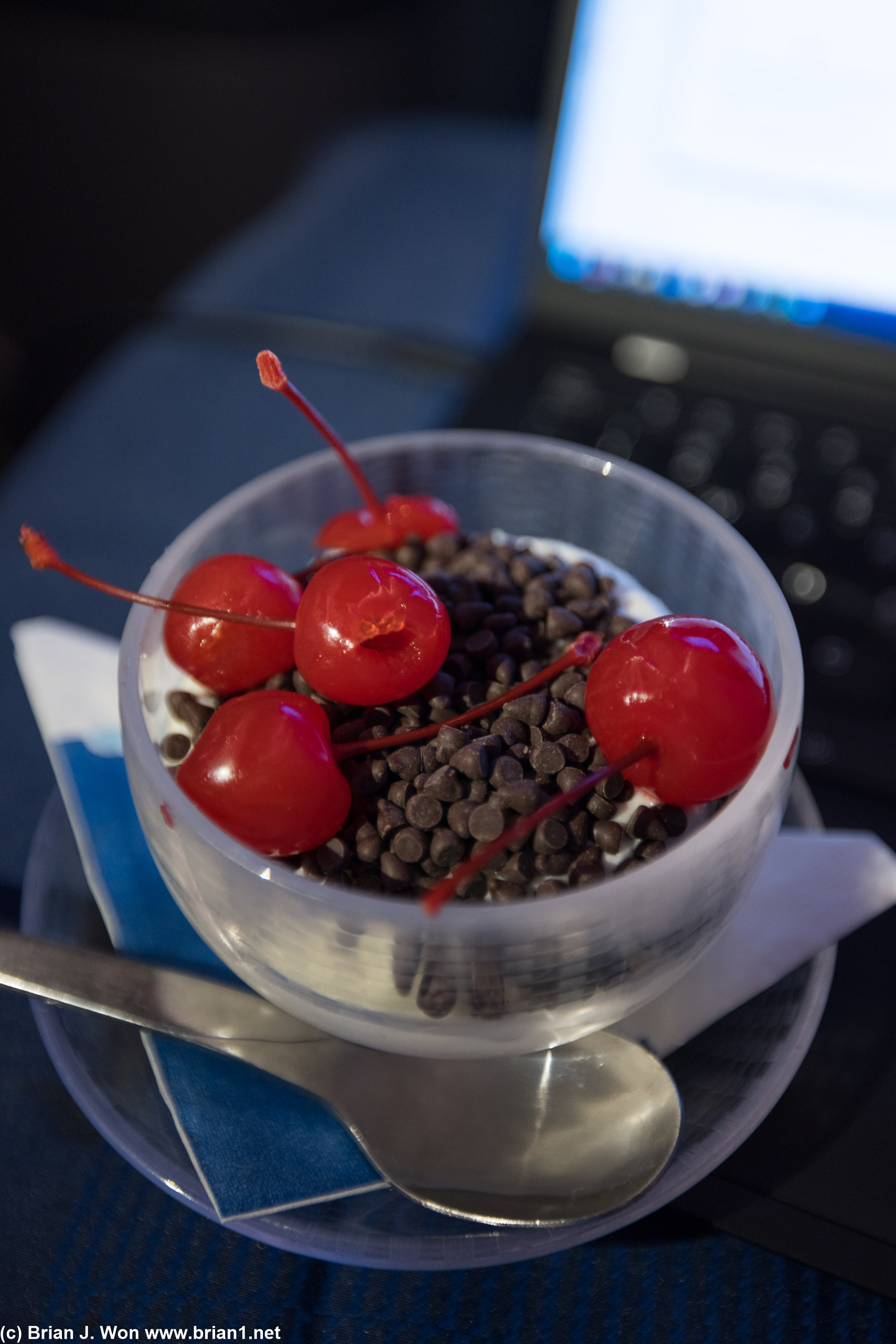Still no hot fudge, but chocolate chips and cherries do the job.