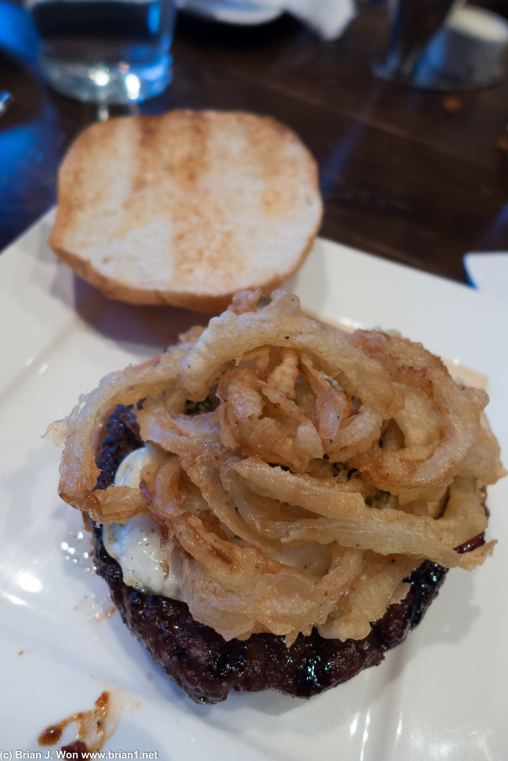 Miyagi-san burger-- egg, onion rings, carmelized bacon...