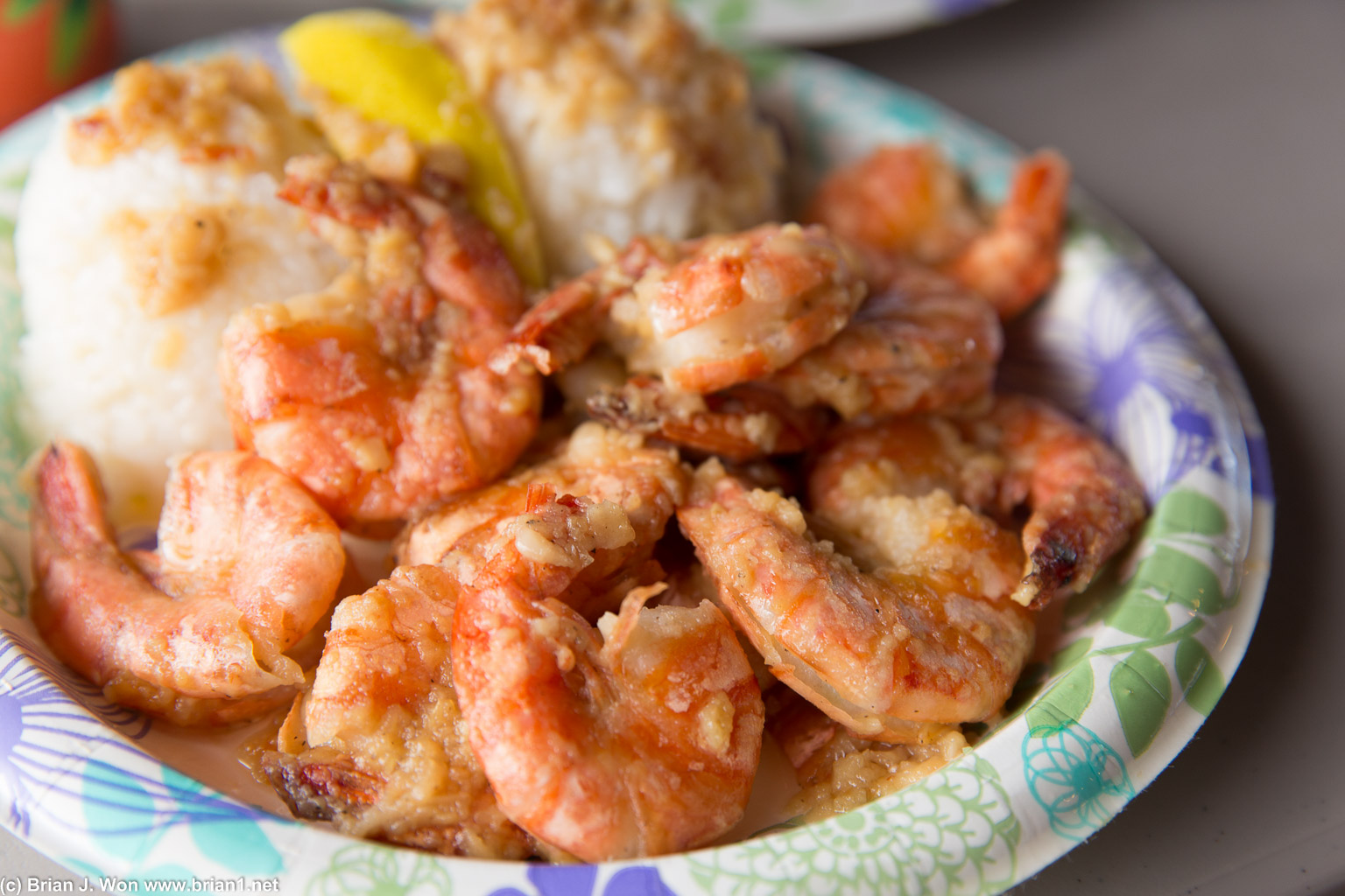 #1, garlic shrimp and rice. Pretty tasty, a little overcooked. Maybe Romy's or Famous Kahuku Shrimp Truck next time?