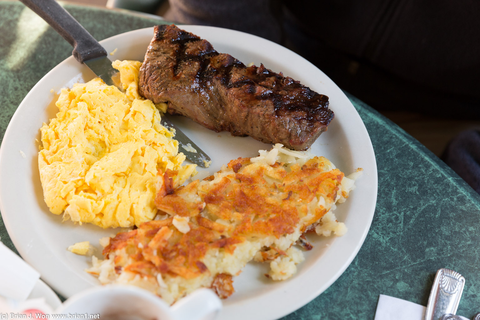 That is a legit steak for steak and eggs. Mmmm, those hashbrowns too!