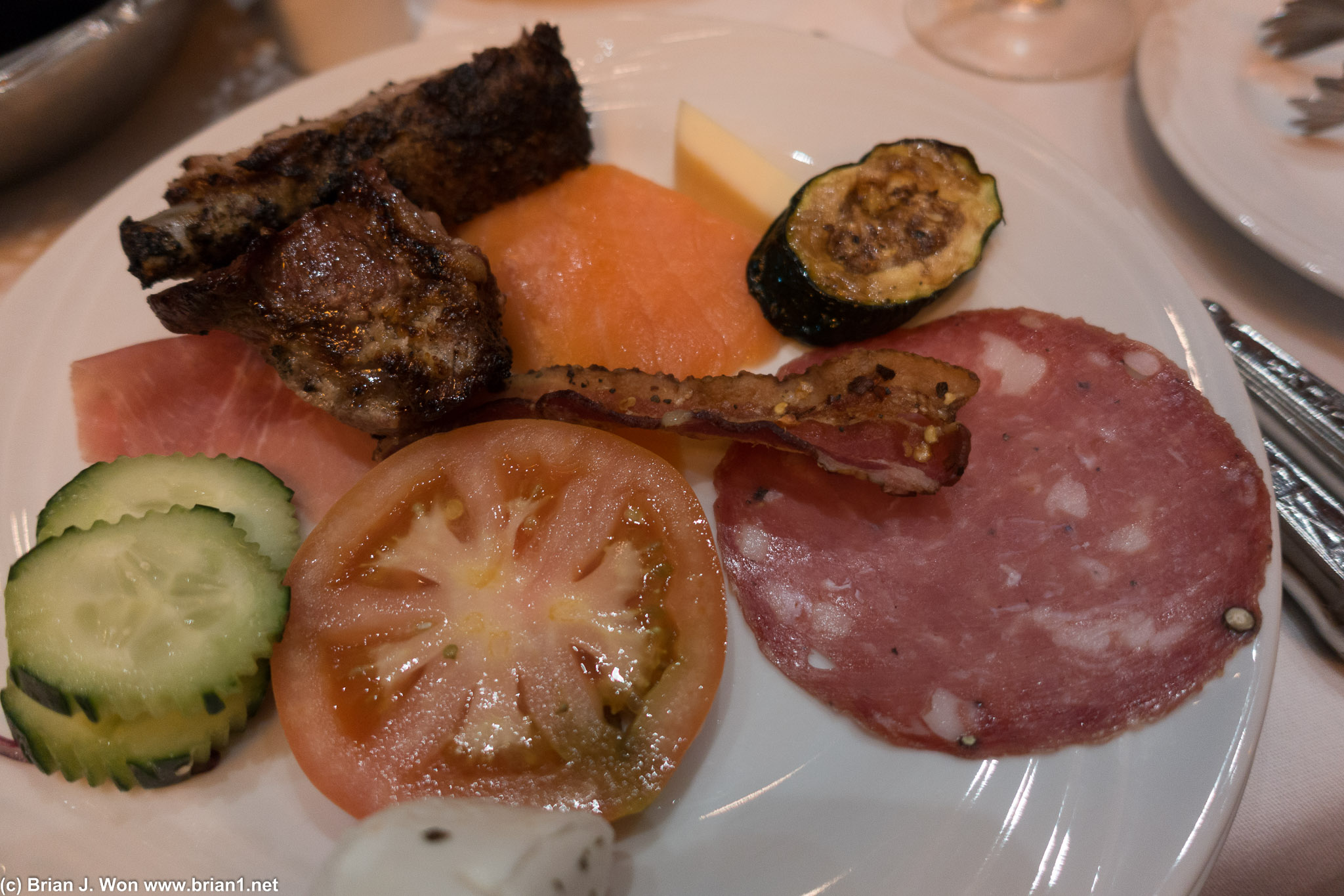 Salad bar including smoked salmon, bacon. Plus some garlic beef (NOM NOM!) and pork rib.