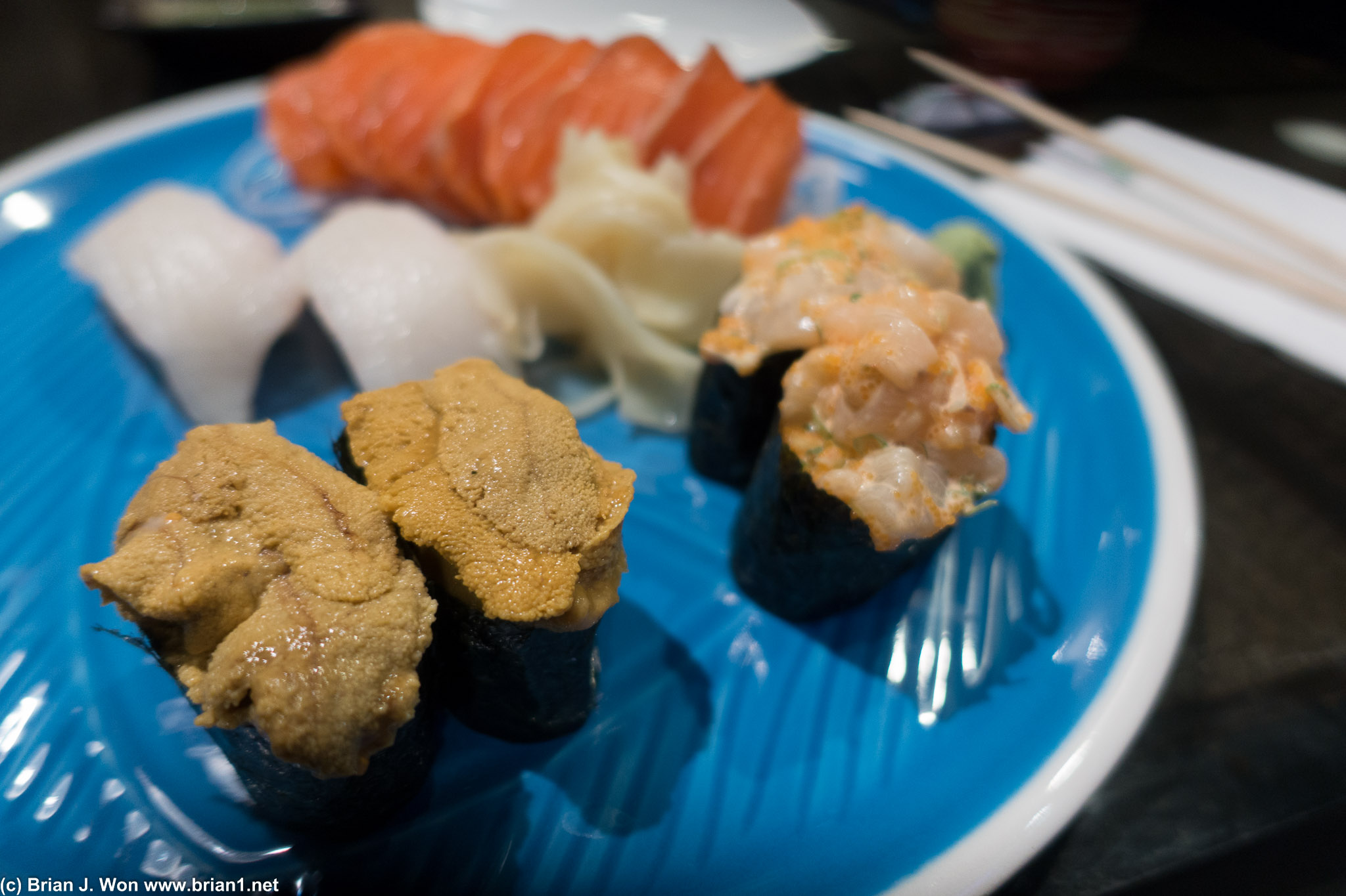 Proper dinner after at Niko Niko. Uni, scallop, yellowtail, and salmon sashimi.