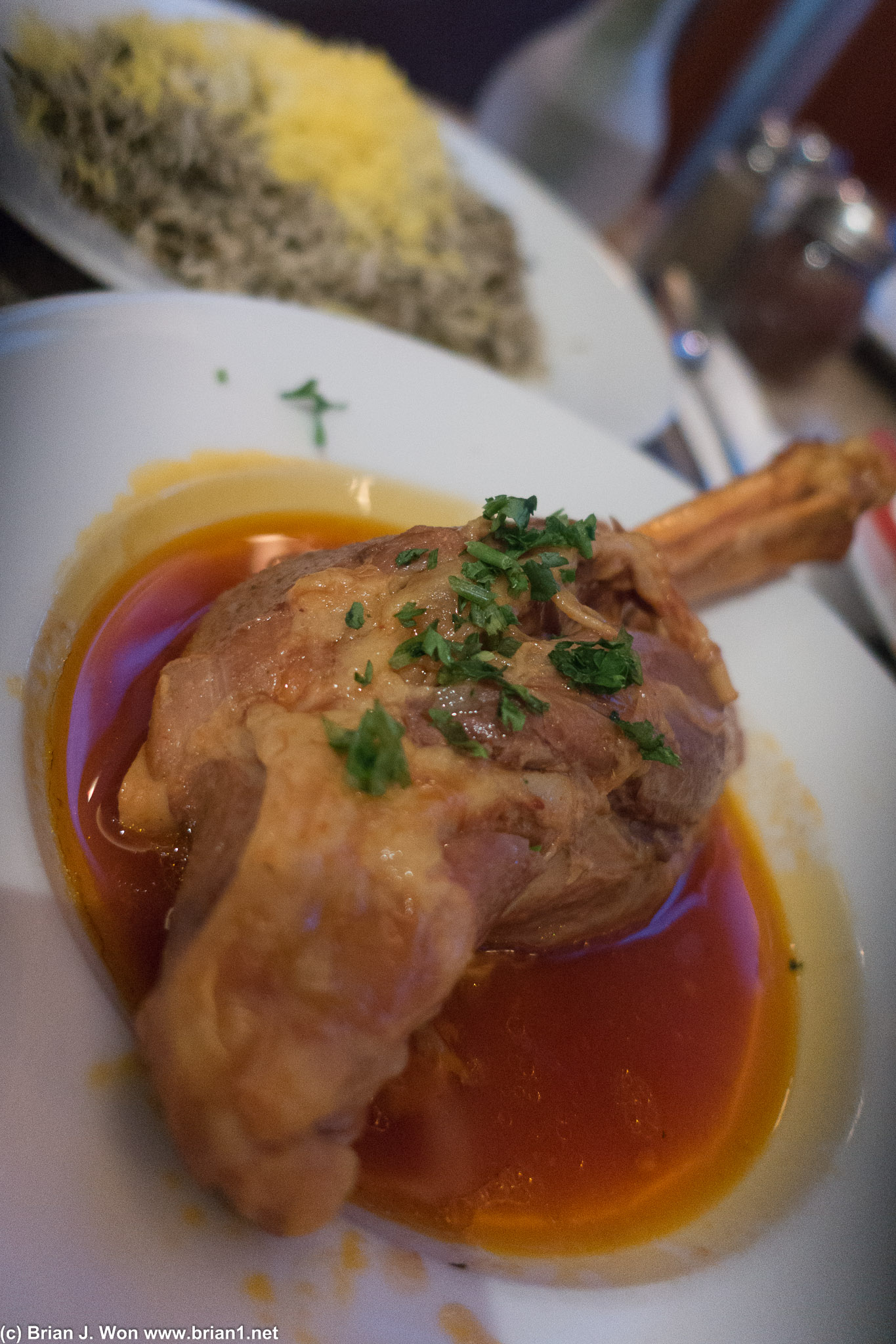 Eric's lamb shank. Came out in like 2 minutes- they must have a tray full of them standing by!