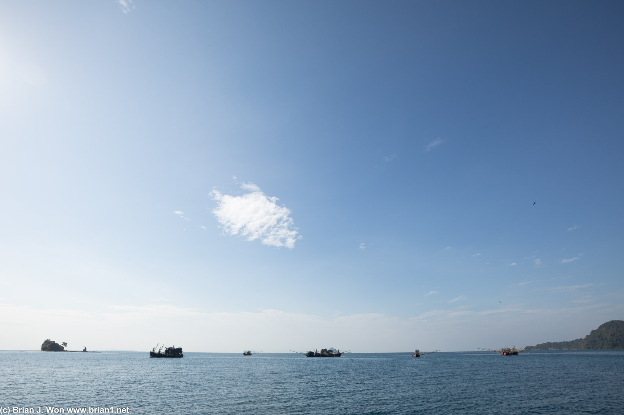 Unusually large collection of fishing boats off Than Yoke Island.