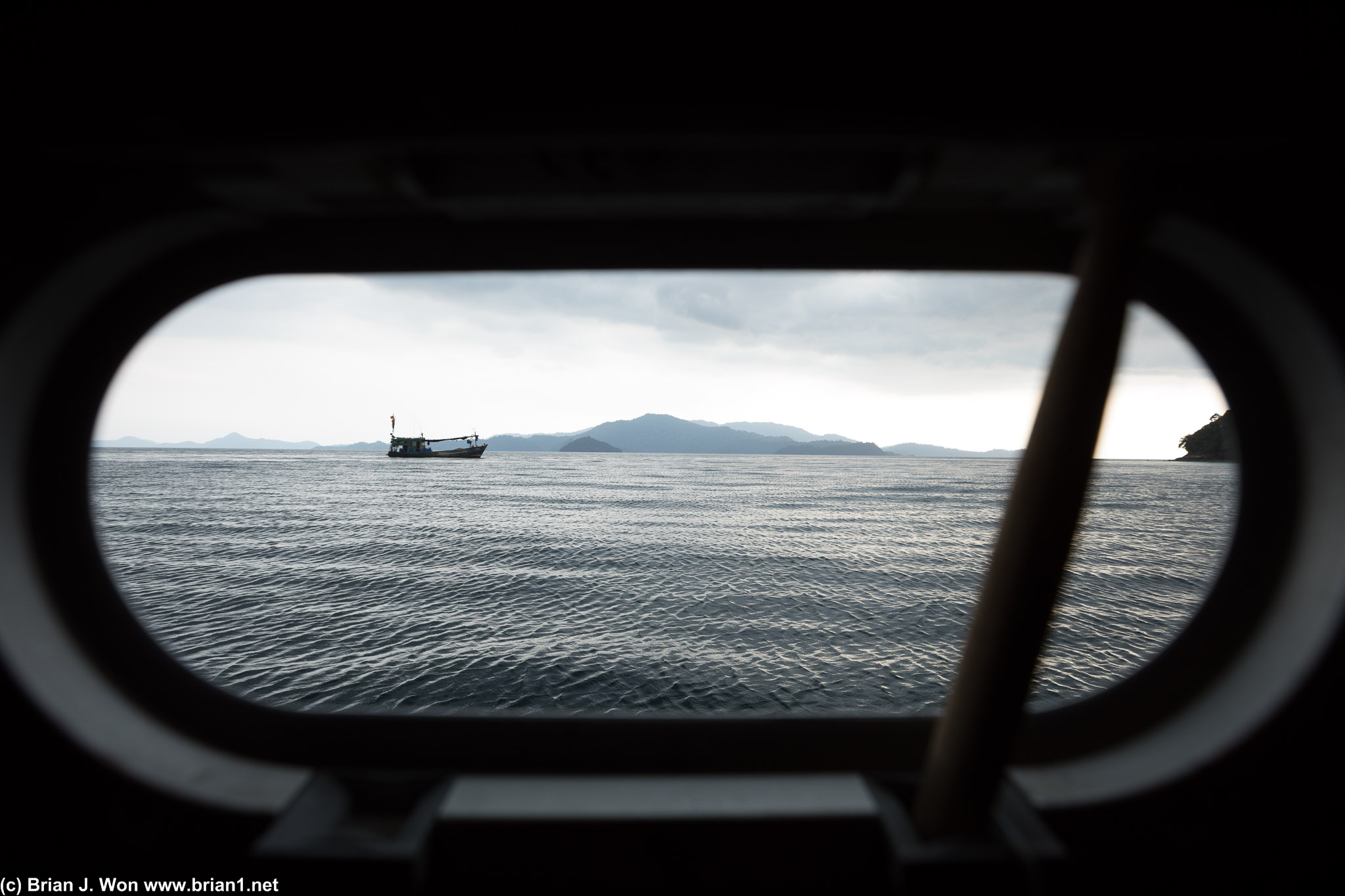 Looking through the tiny portal in the cabin.