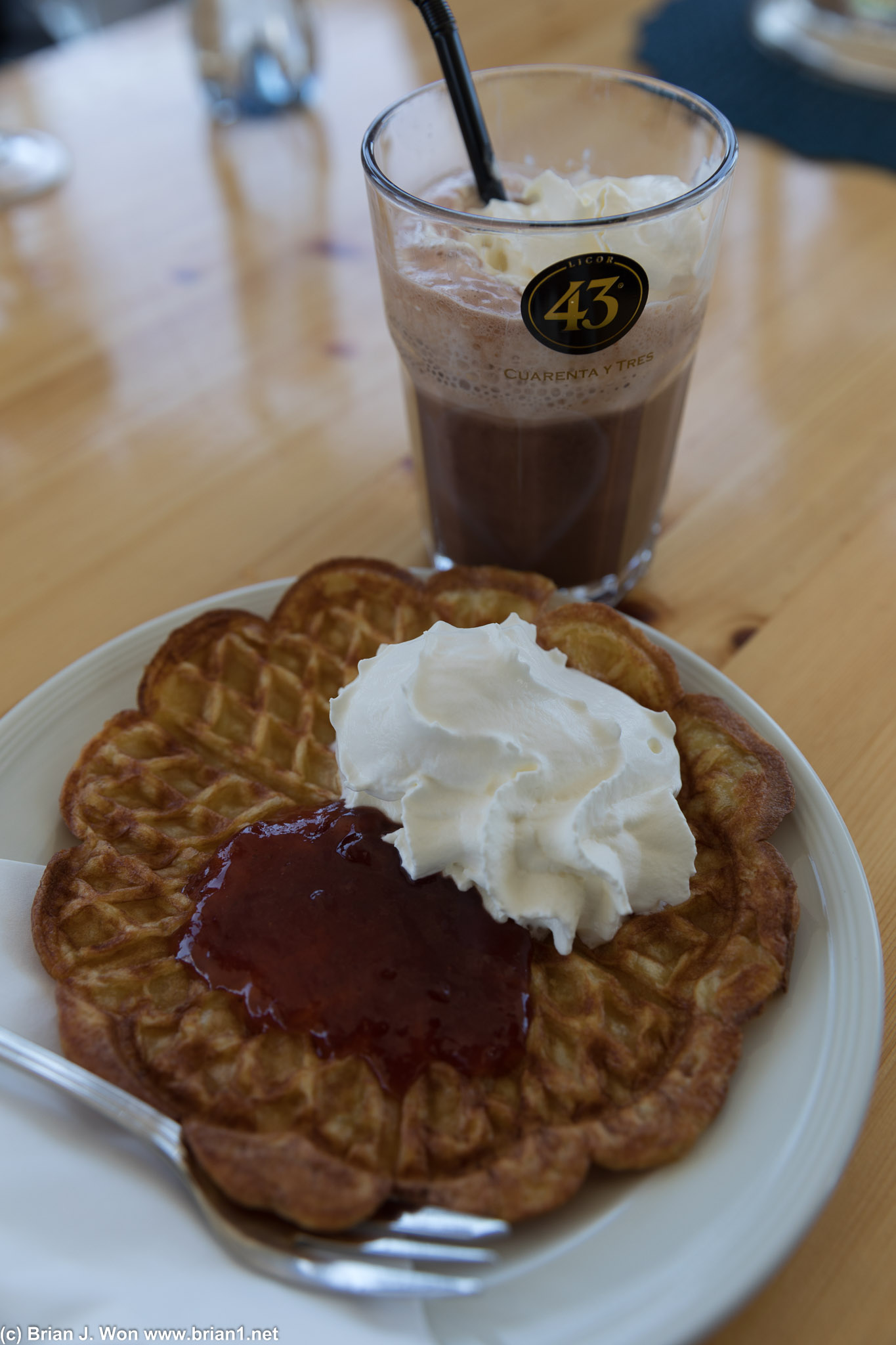 Very thin waffle and hot chocolate.