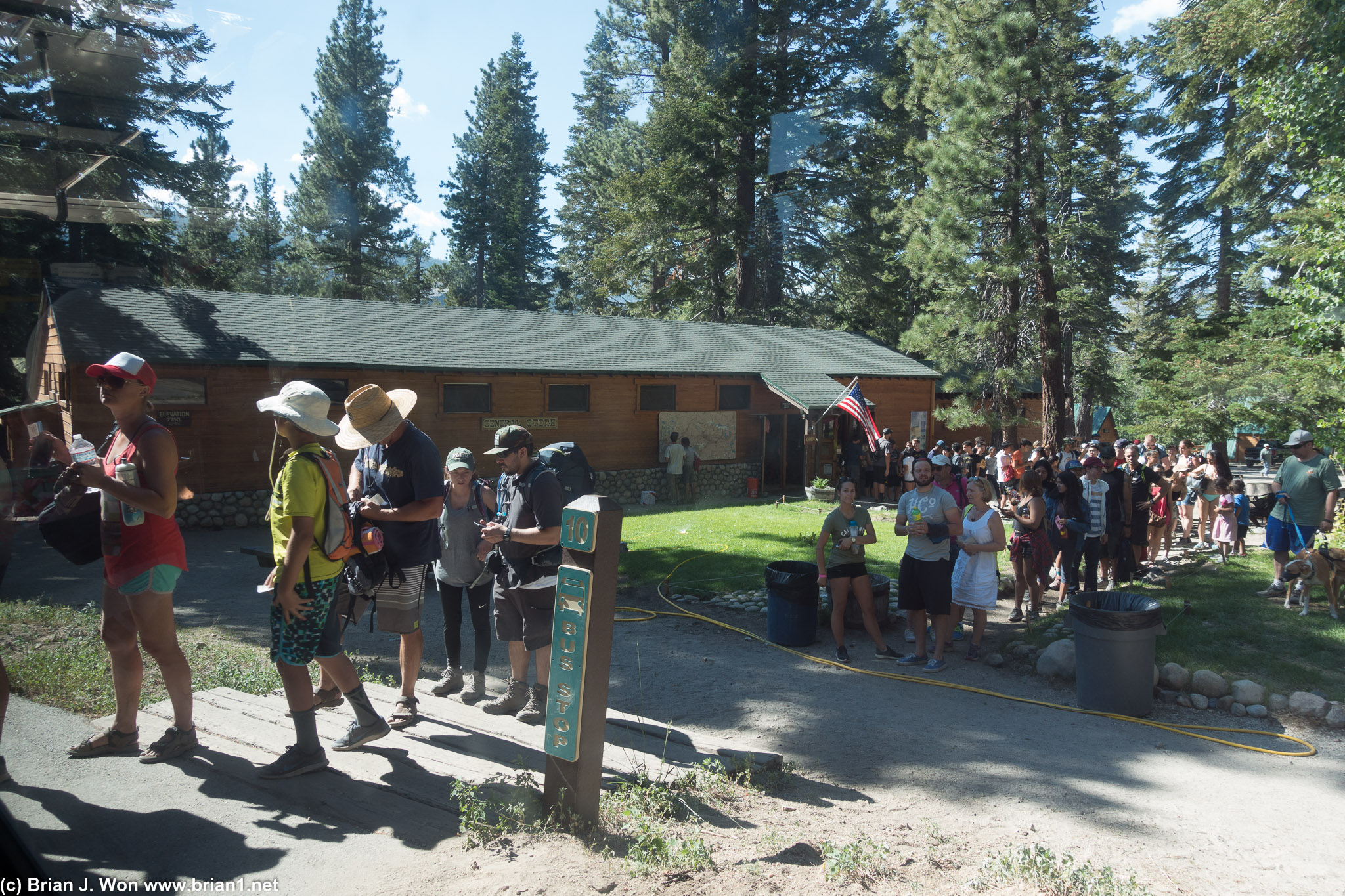 The crazy line for the shuttle at Reds Meadow Resort.