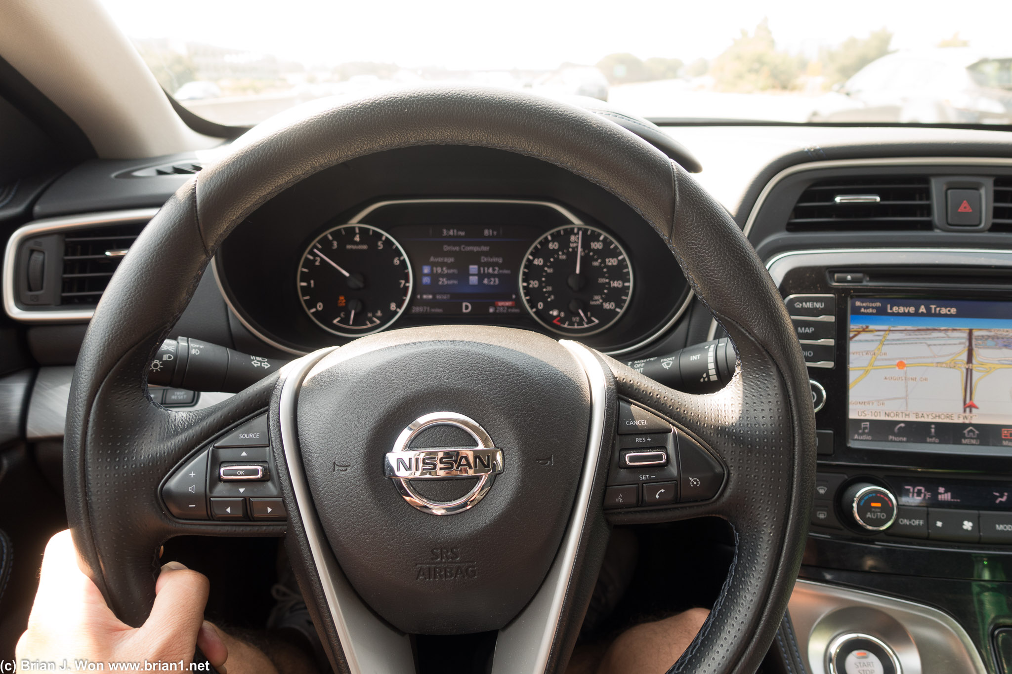 Nissan's steering wheel button layout could be better. And the navigation is dated.
