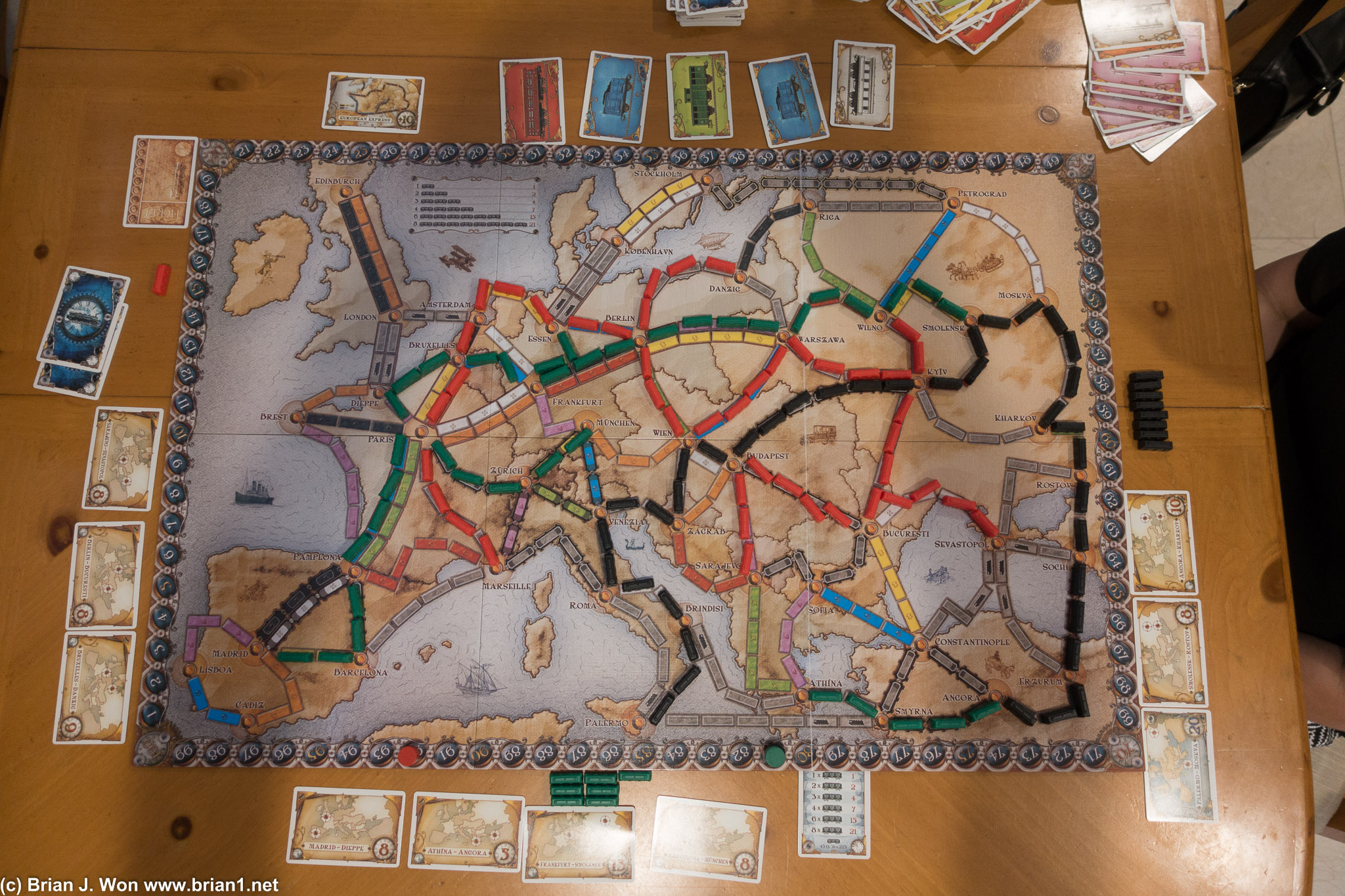 Lots of very long train routes in Ticket to Ride Europe.