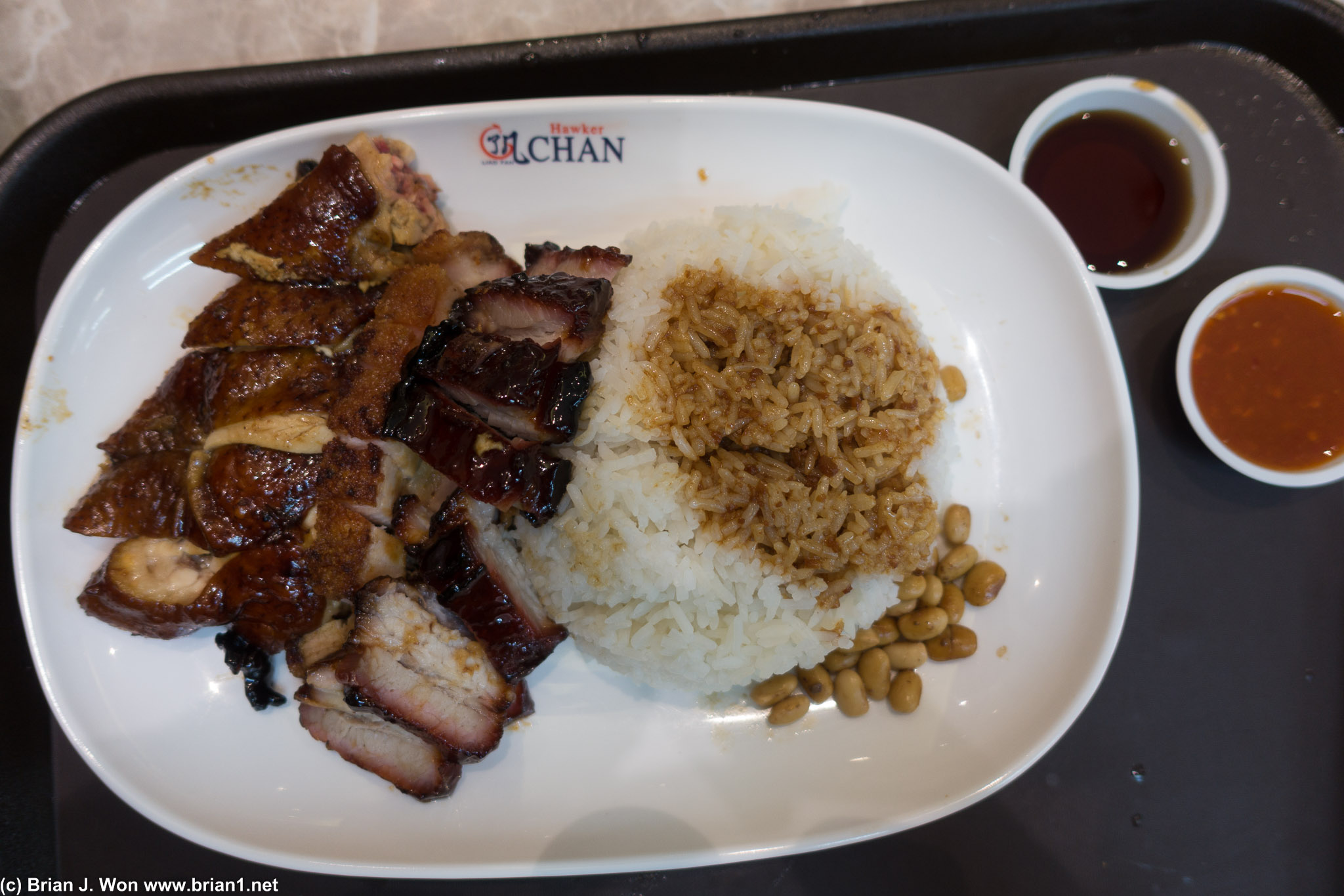 Soy sauce chicken, roast pork, and char shu. Did not live up to the hype.