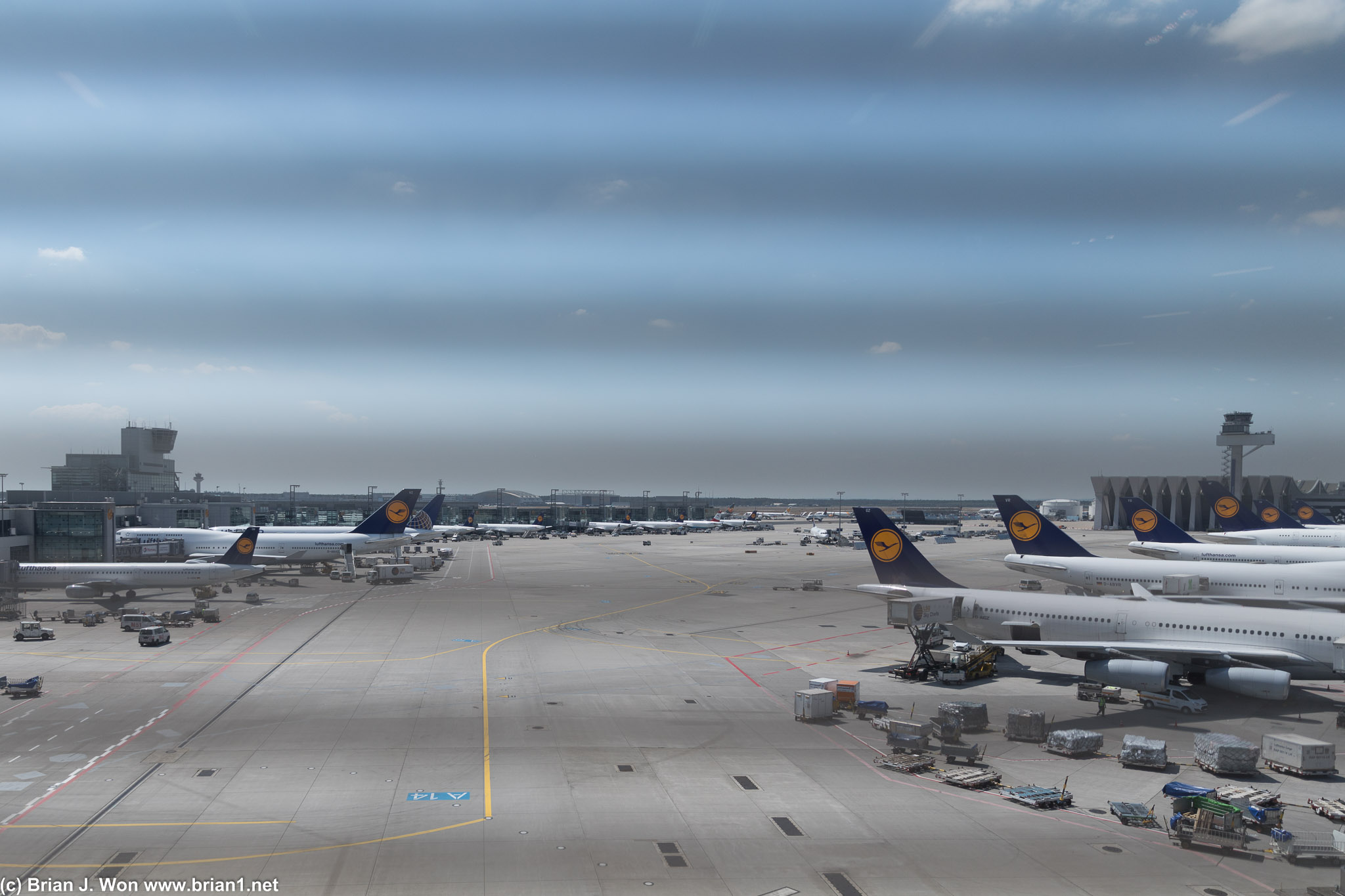 FRA is a busy LH hub. Two 747-8's, A380, and an A340 visible.