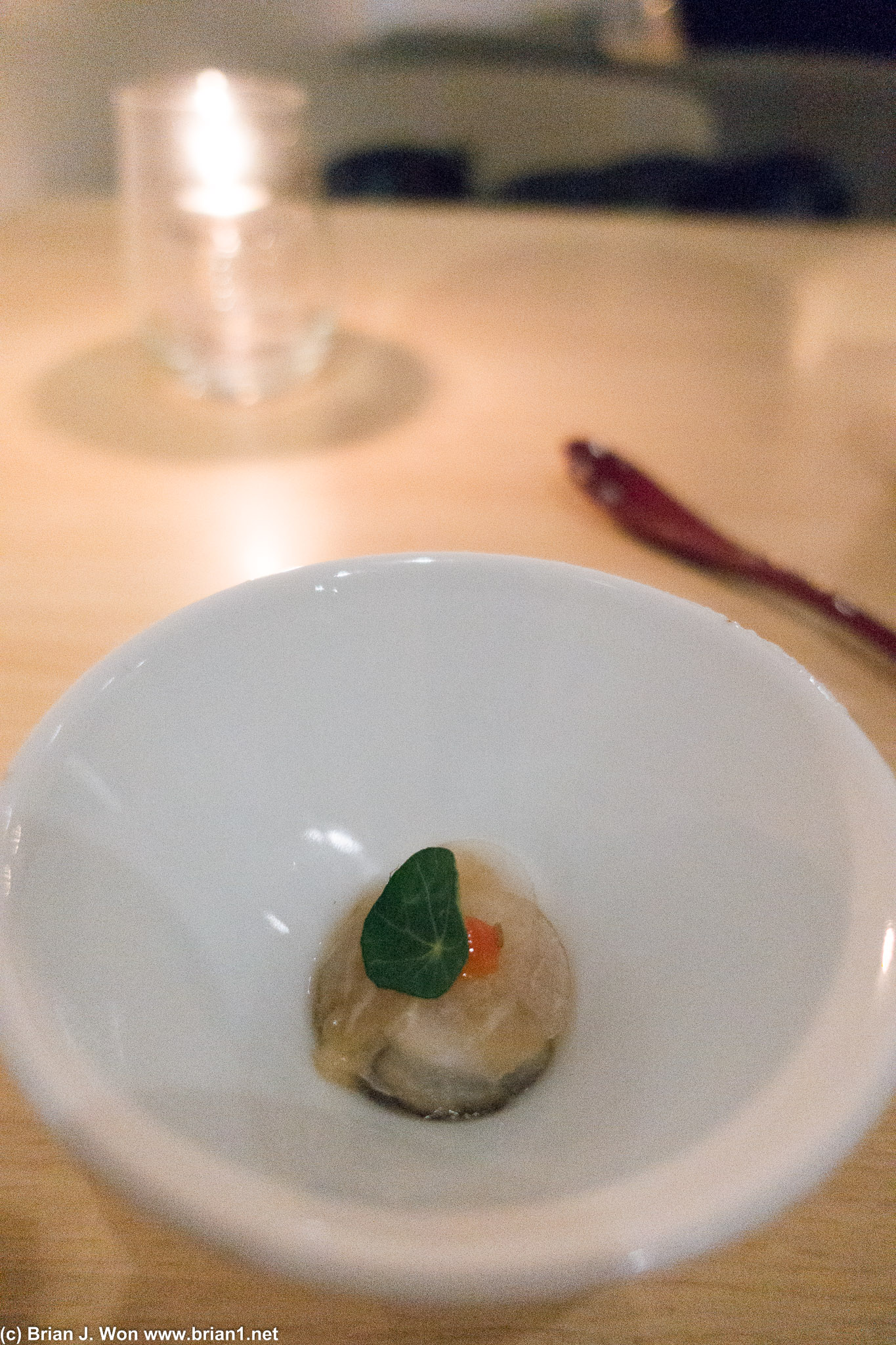 Kyushu oyster with fermented daikon and chili paste. Delicate, unusual in an oyster, but all of one bite.