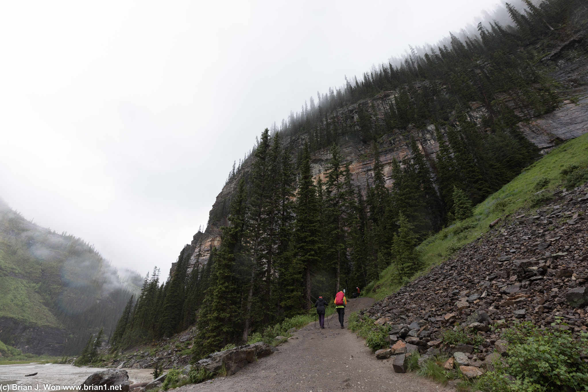 Past the edge of Lake Louise and ascending up the moraine.