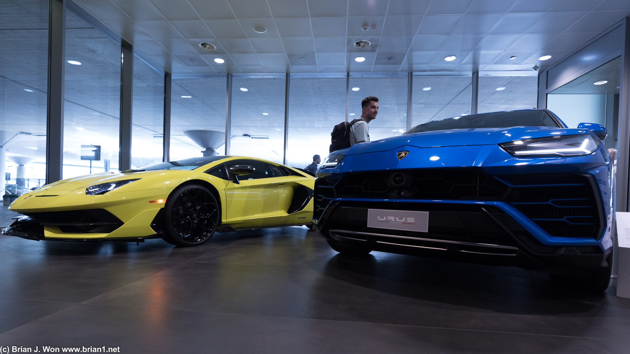 Lamborghini Aventador SV and Lamborghini Urus on display at Bologna Airport.