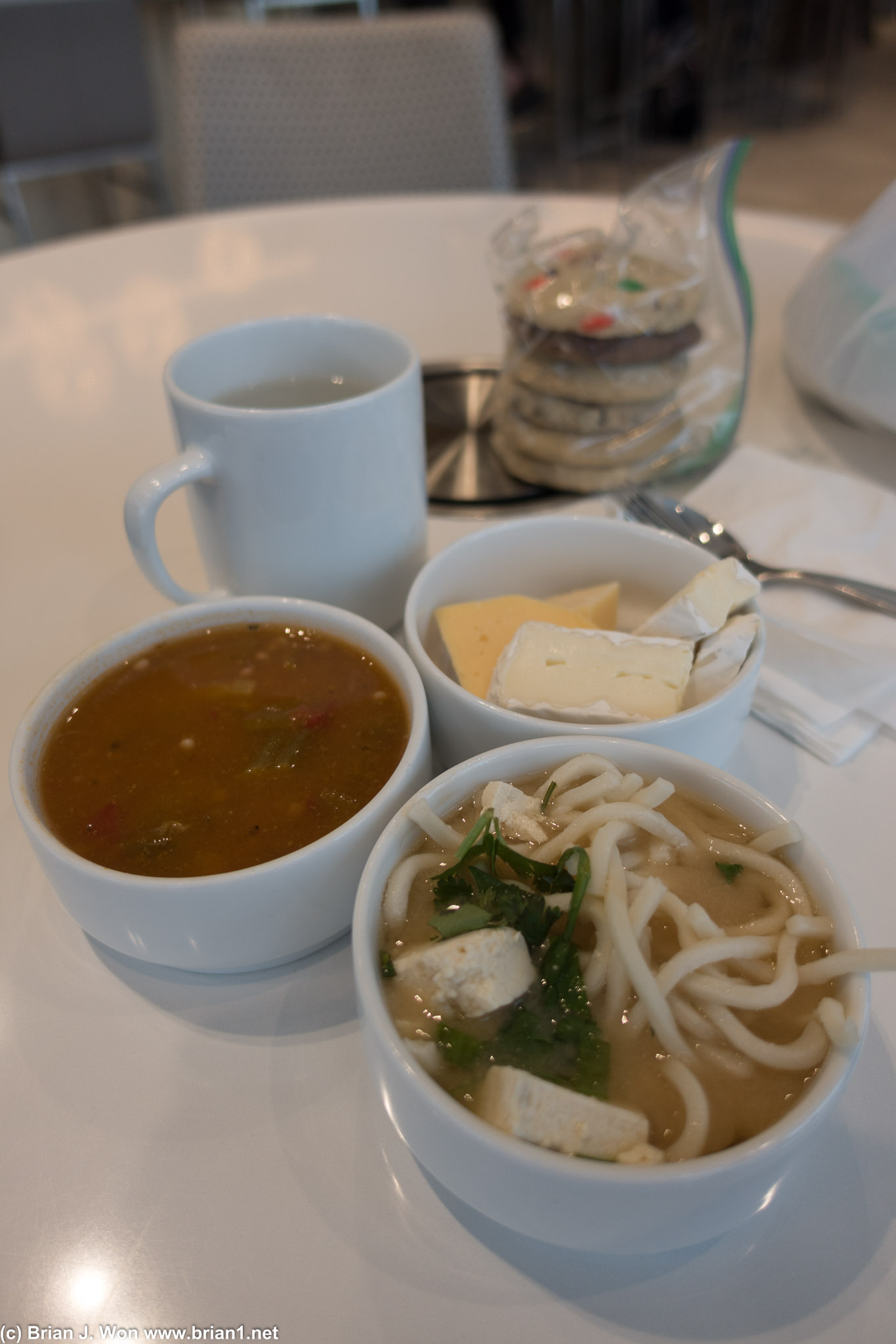 Gumbo, miso soup, and noodles at the United Club.