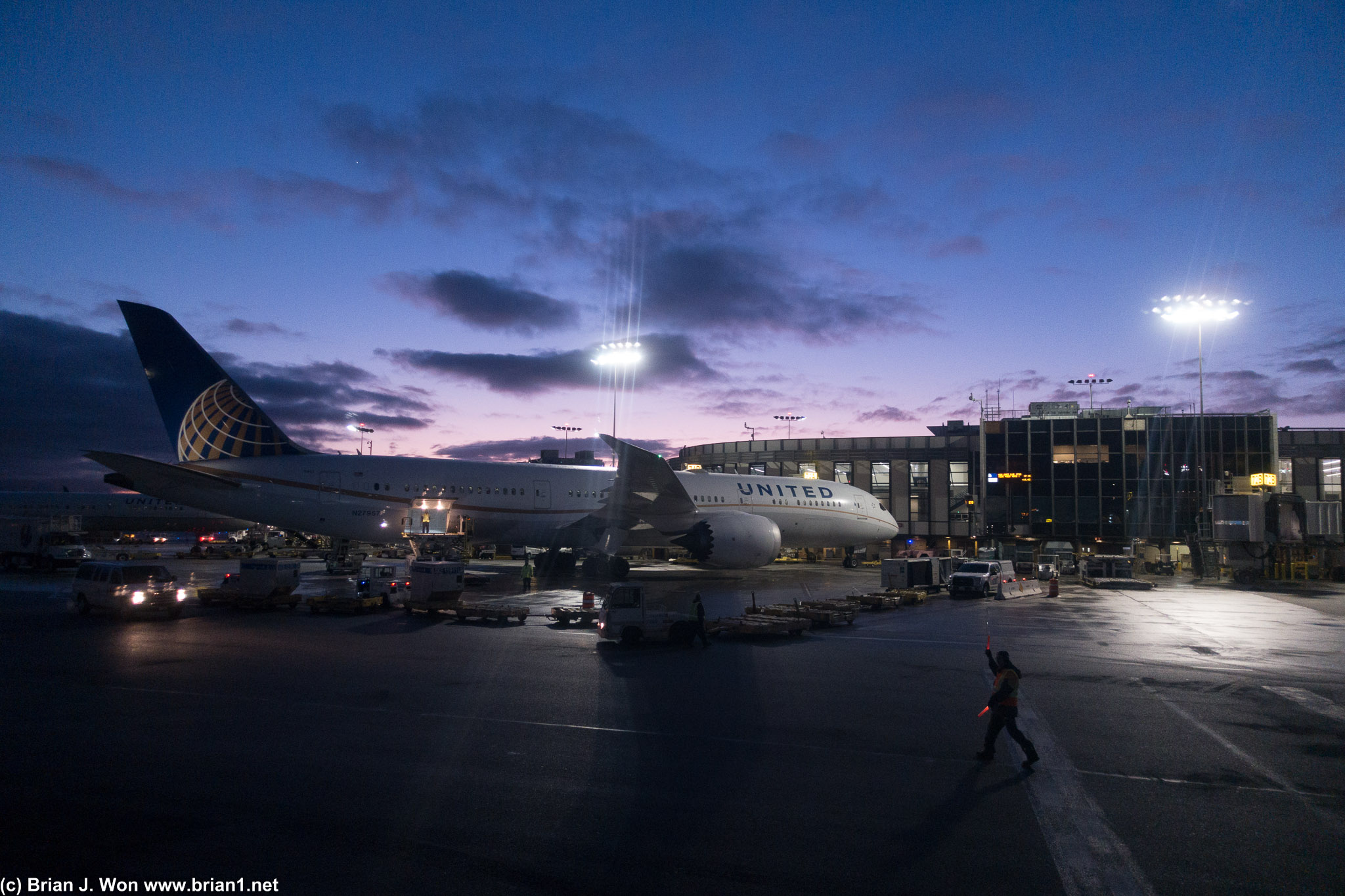 A Dreamliner basking in the sunset.