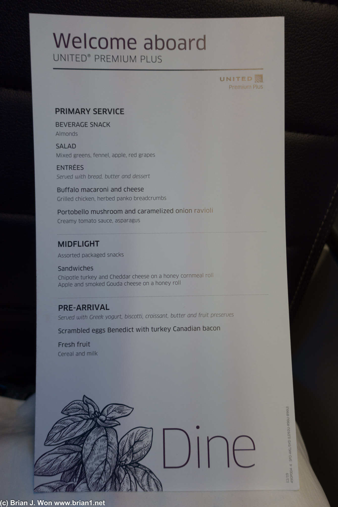 Premum Plus (premium economy) menu.