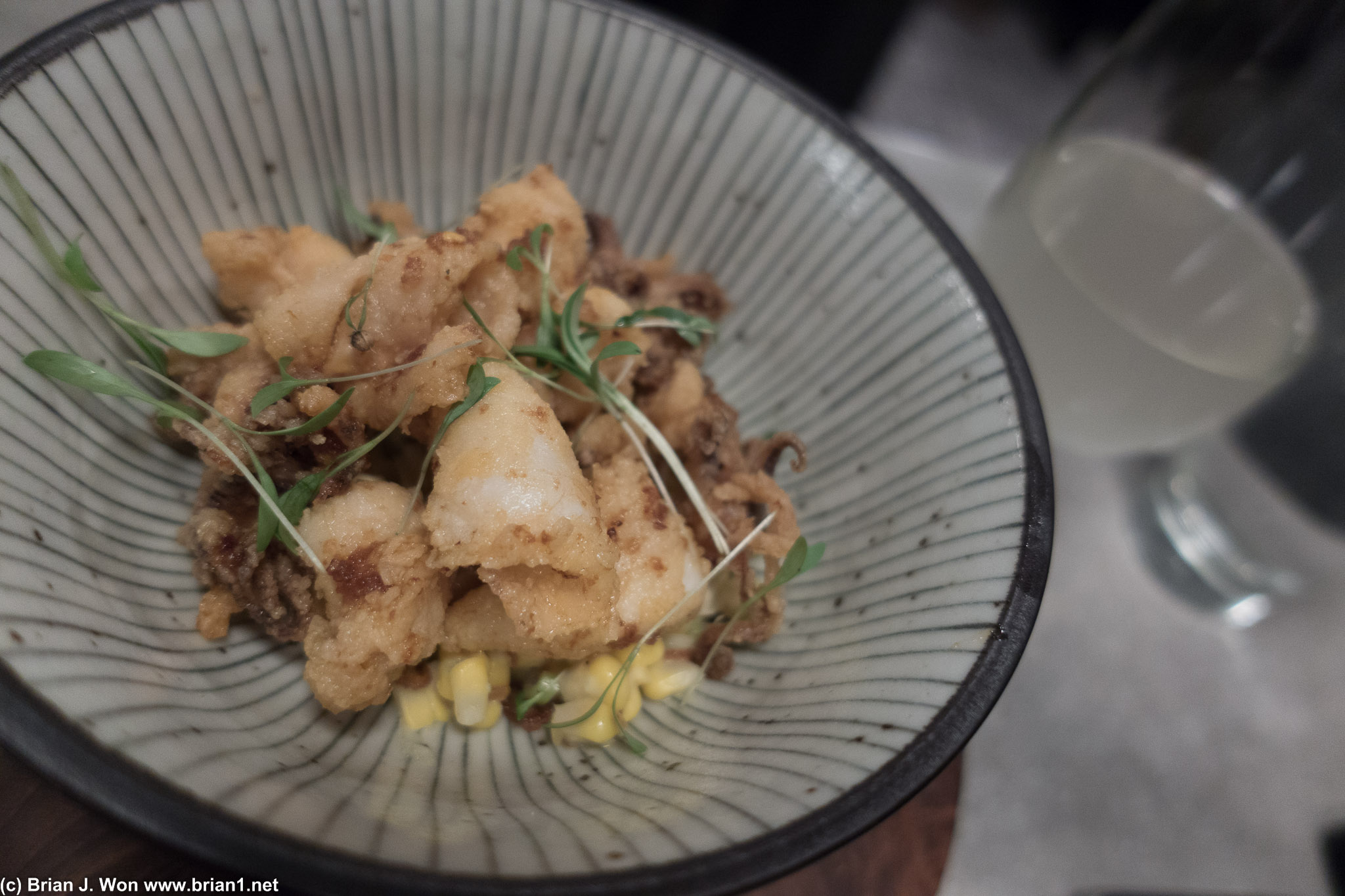 Deep fried squid atop corn. Not an expected combo that would work, but it was a nice contrast of flavors and texture.