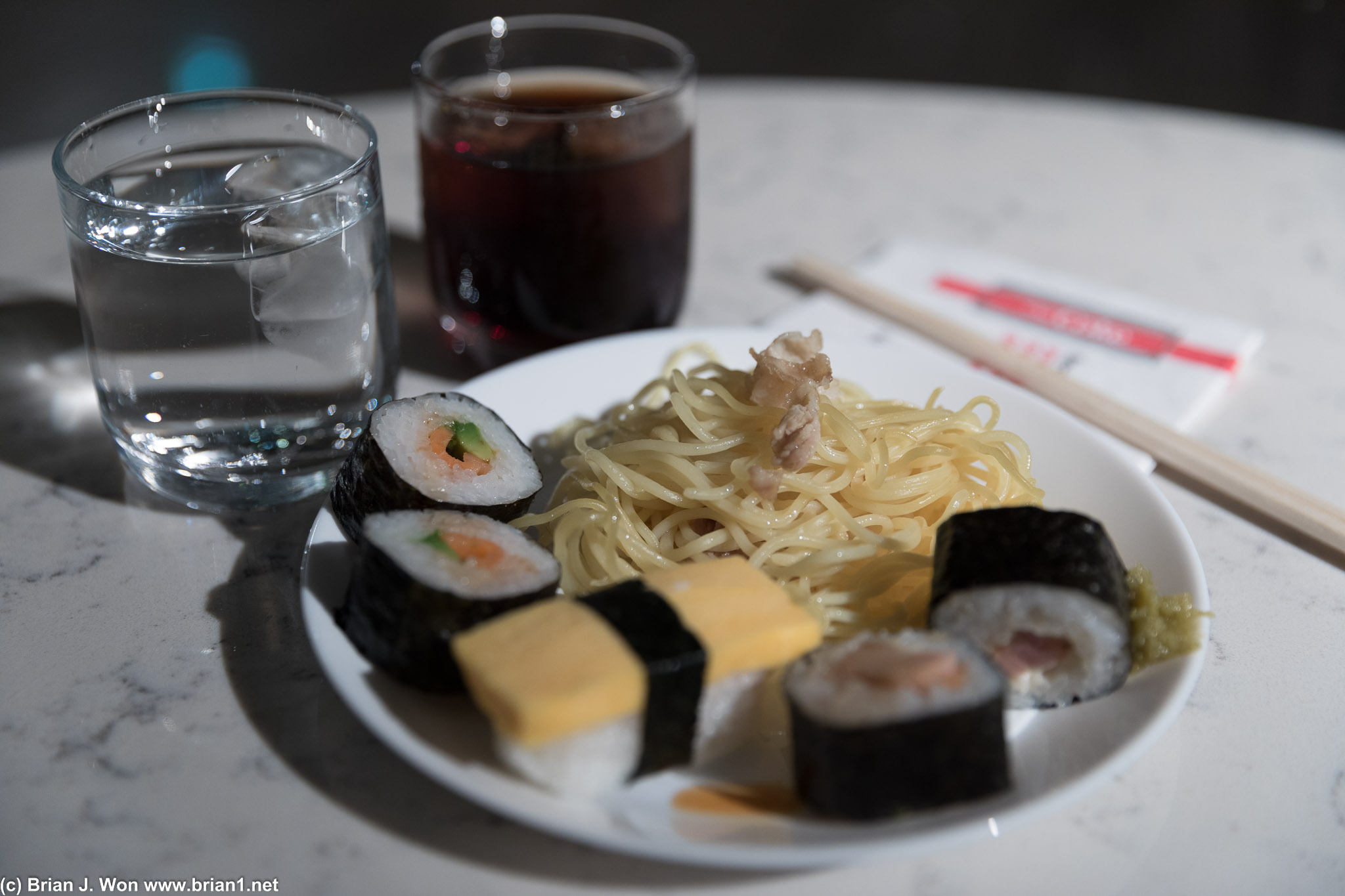 Food is the usual noodles and machine rolled sushi, but edible all the same.