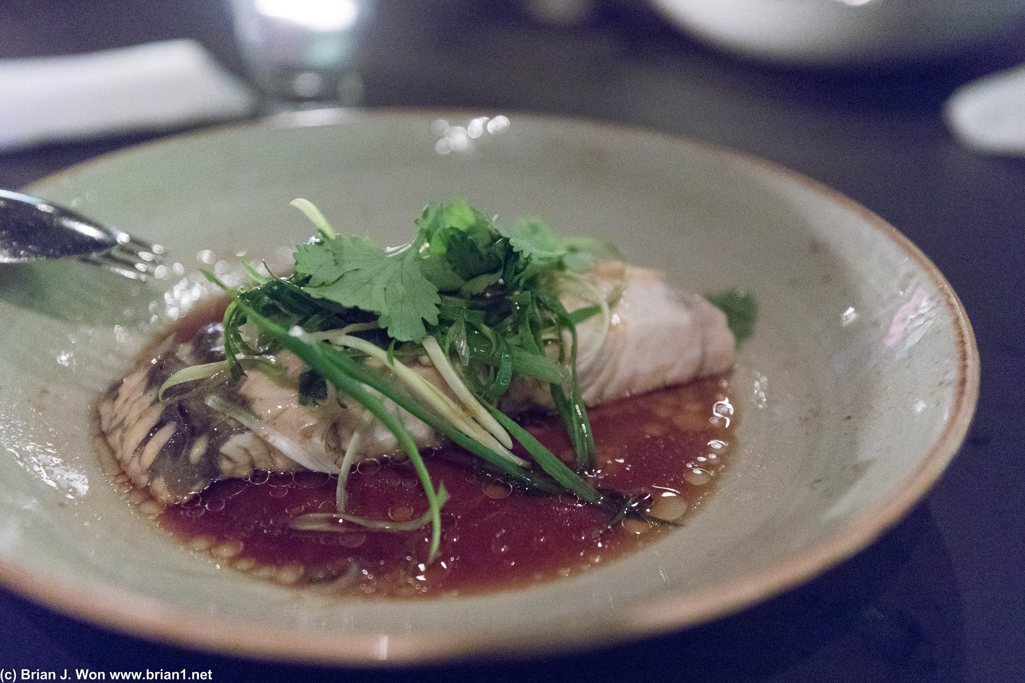 Steamed barramundi. Almost like how Mom used to make-- only Mom made a whole sea bass, not just a slice.