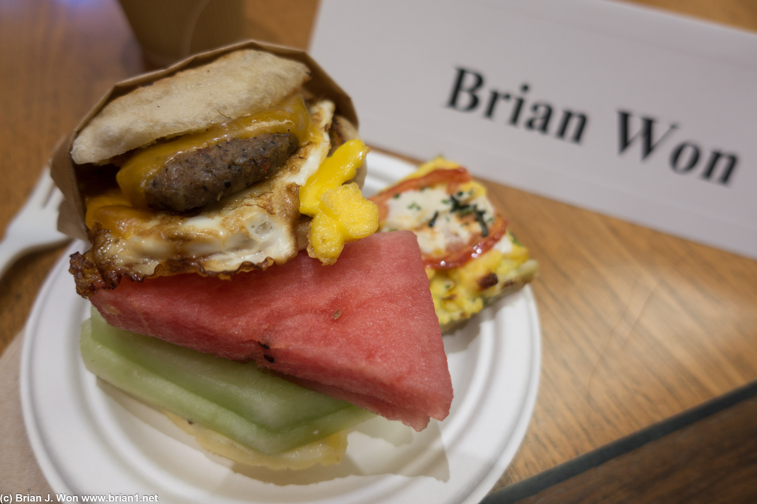 Hamburger breakfast sandwich. Thanks UCLA Catering.