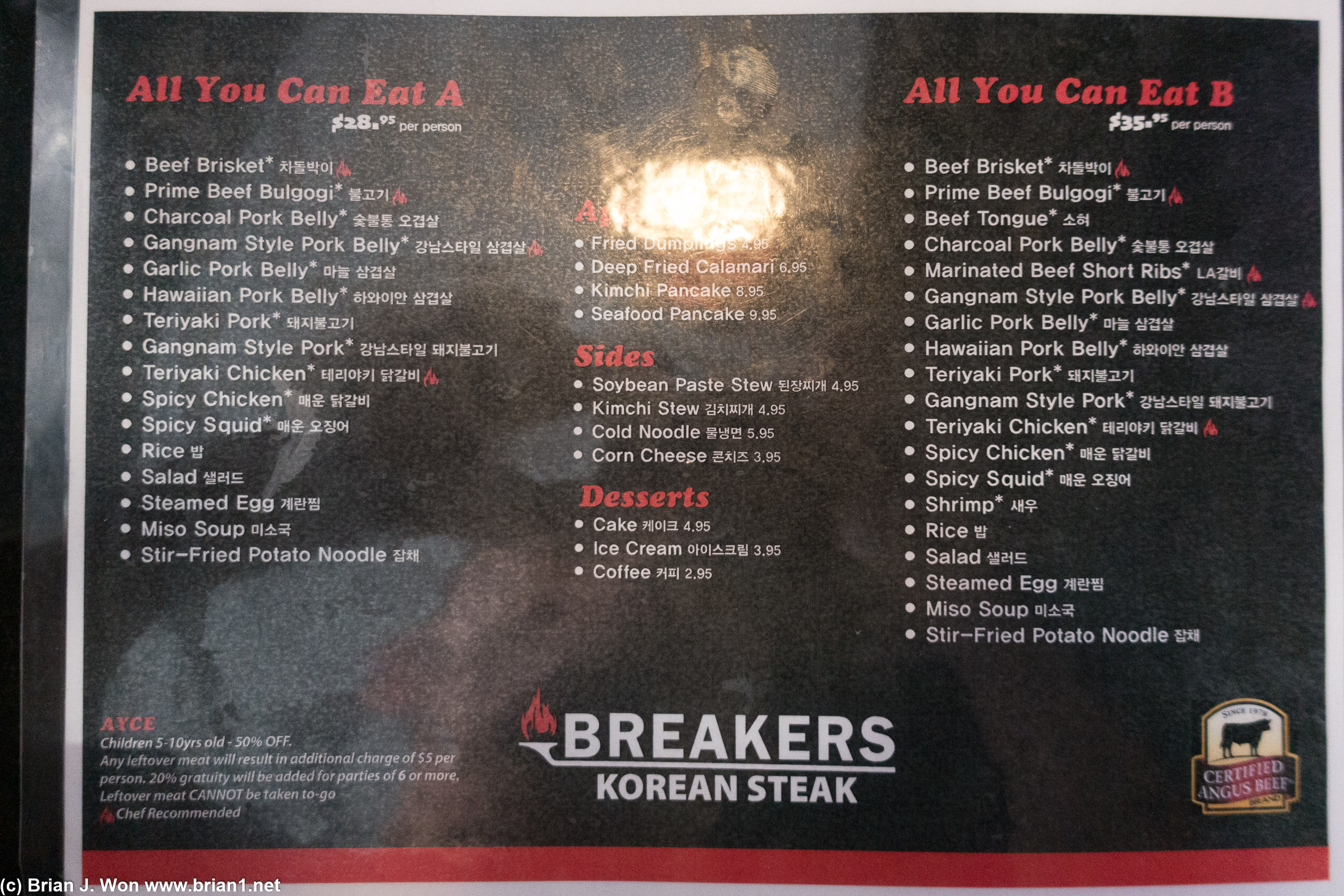 The menu at Breakers Korean BBQ.