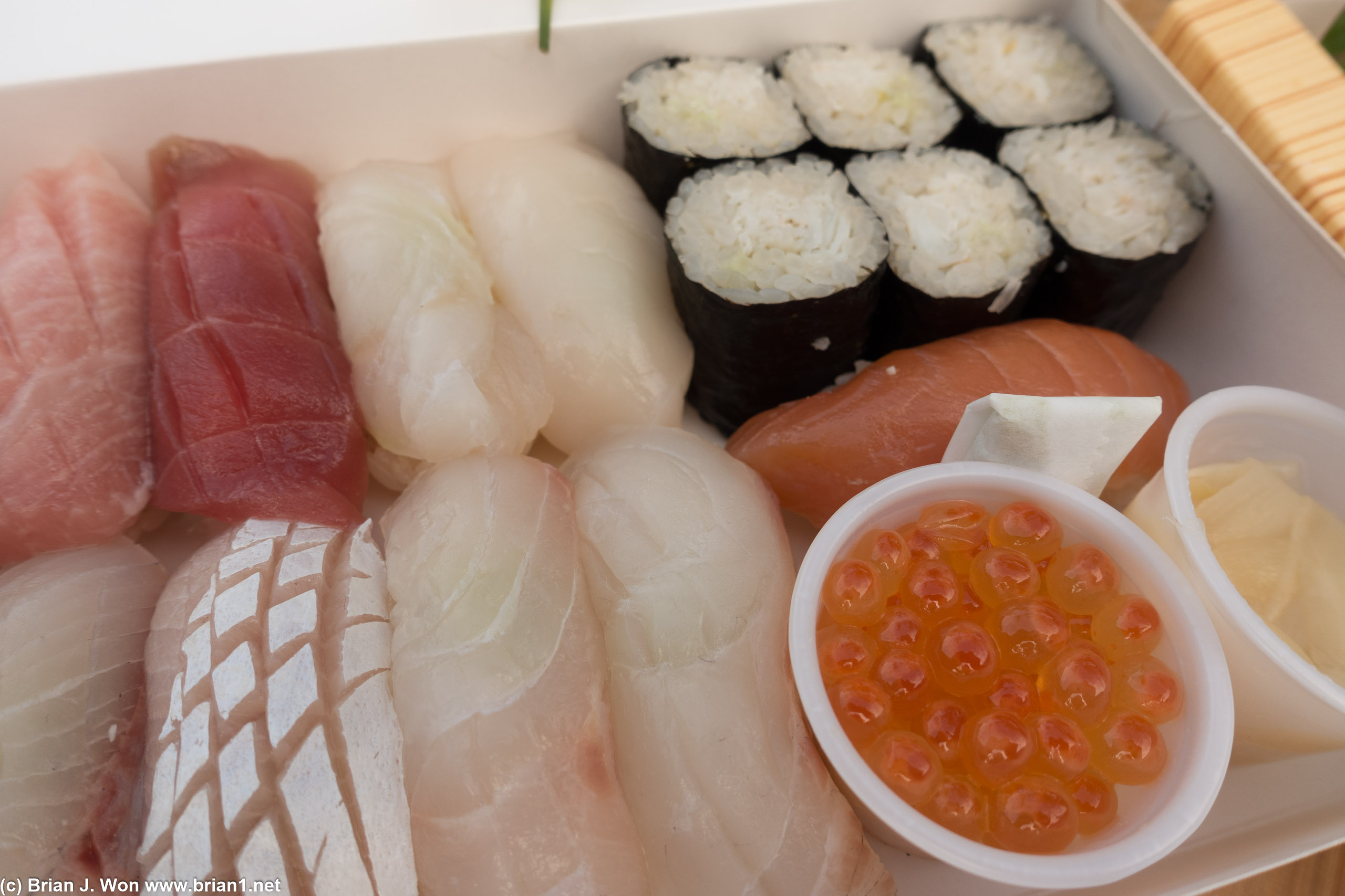 Two cuts of toro, blue crab roll, scallop, amberjack, halibut, yellowtail, two kinds of snapper...