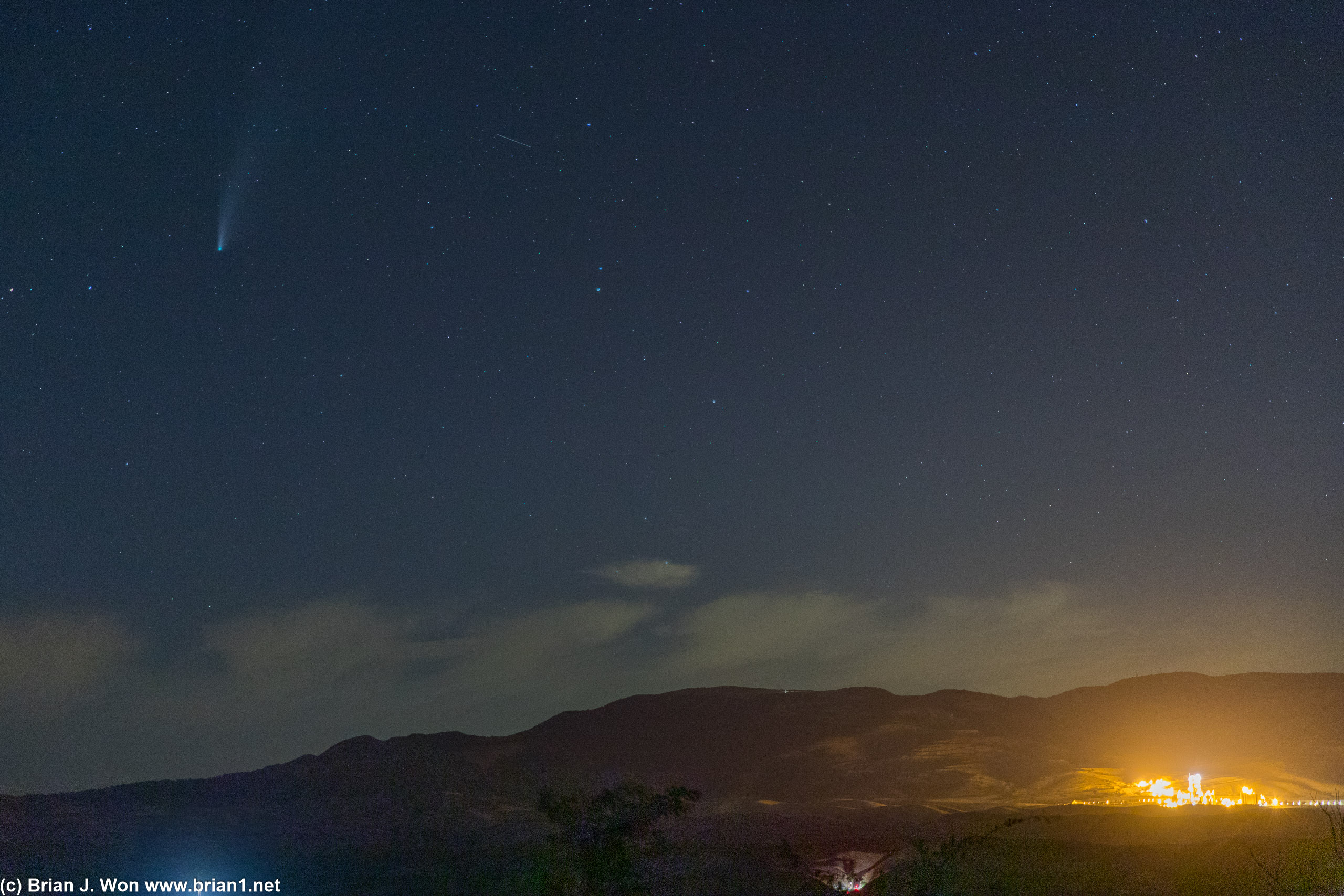 Comet Neowise and a shooting star over the National Cement Quarry and Quail Lake.