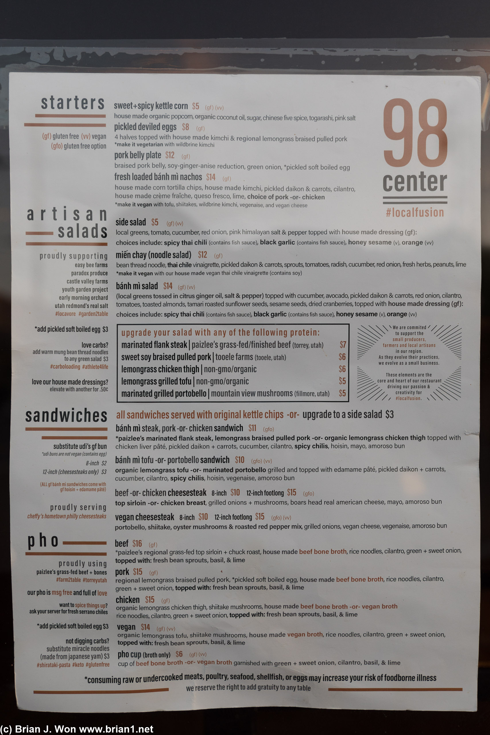 98 Center's menu.