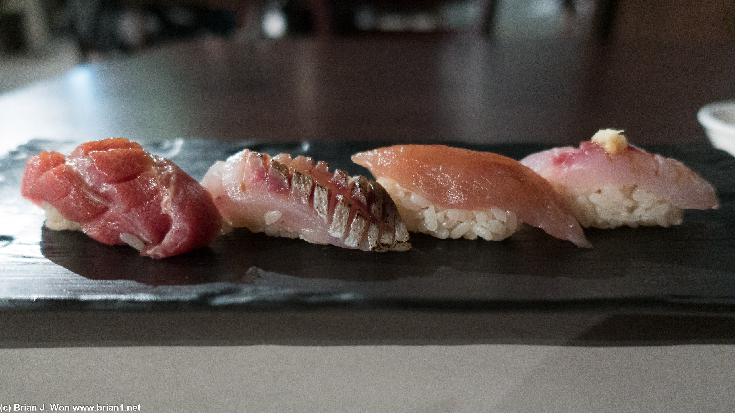 From left: otoro, small barracuda, albacore, spanish mackerel (Japan).