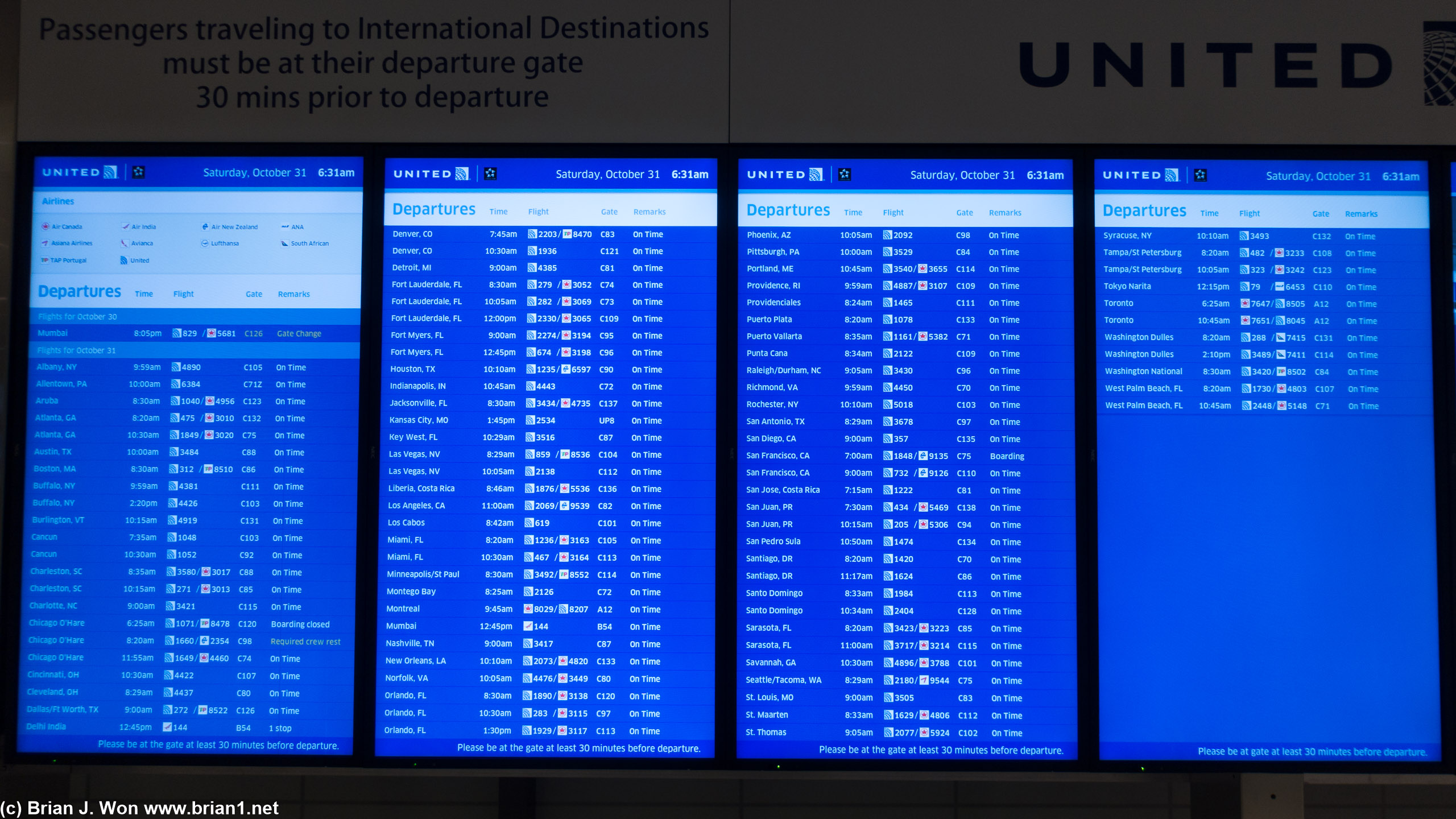 Departures board at EWR, first thing in the morning, looks halfway decent.