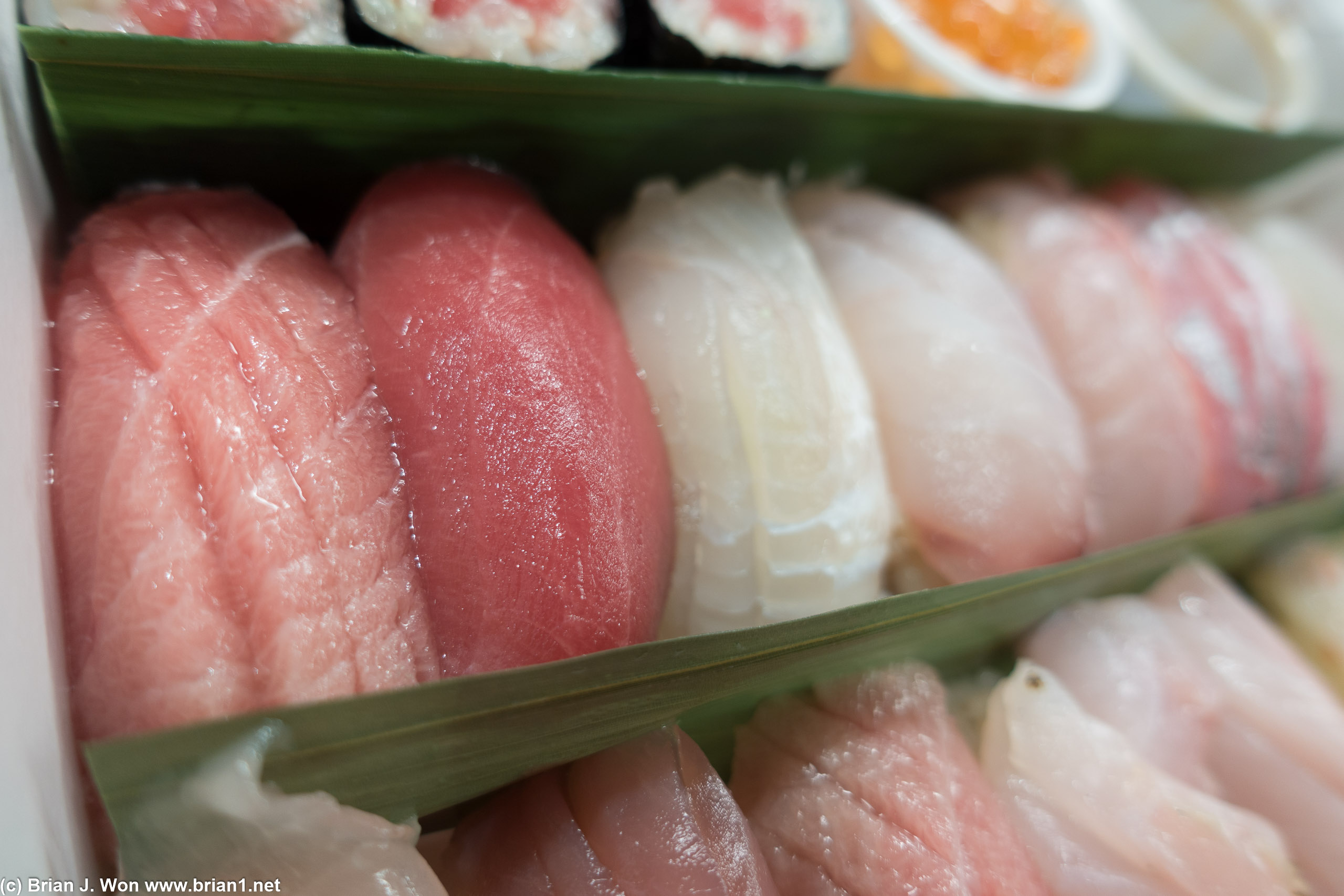 Chutoro, maguro, halibut (hirame), sweet lip snapper (higesori dai), golden eye snapper (kinme dai), threadfin seabream (itoyori dai), red snapper (ma dai).