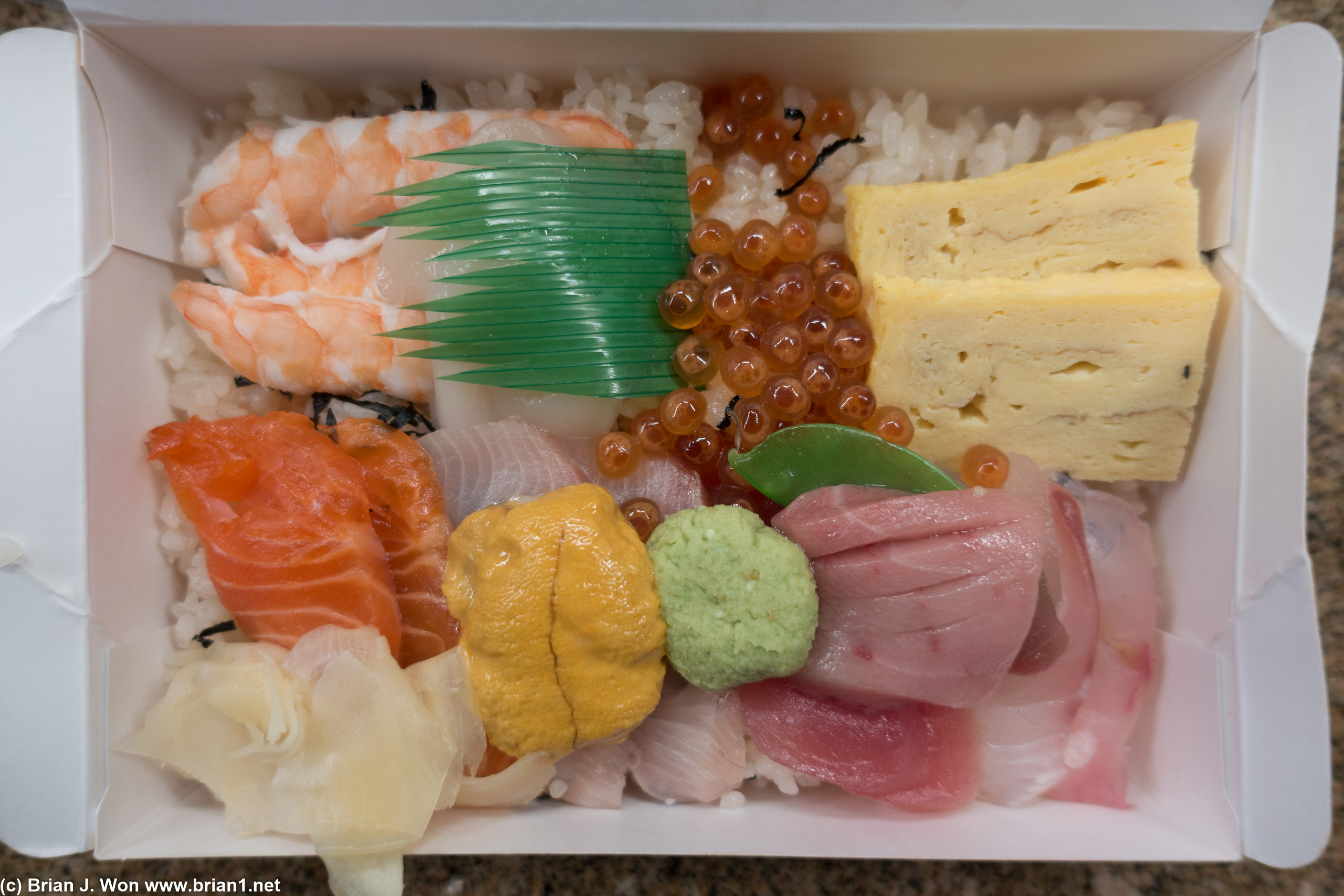 Shrimp, uni, tamago, salmon, yellowtail. chirashi. NOM..