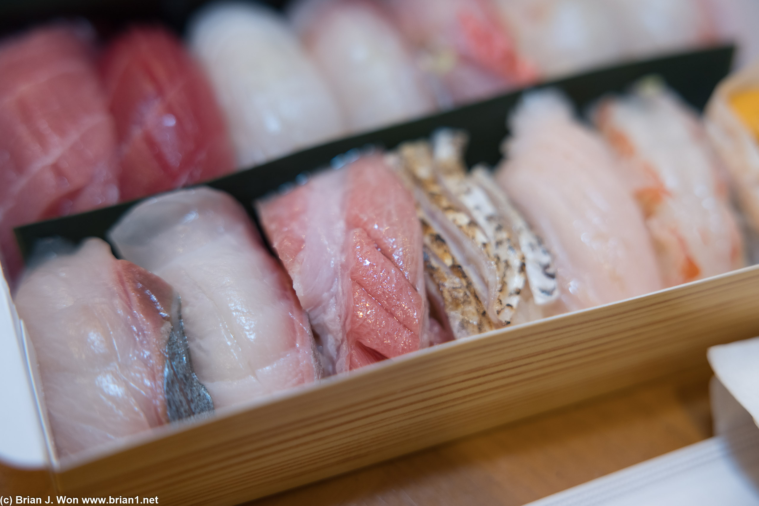 Shimaaji (jack mackerel), kanpachi (amberjack), otoro, nodoguro (black throat seaperch), hira suzuki (Japanese seabass), ama ebi, uni.