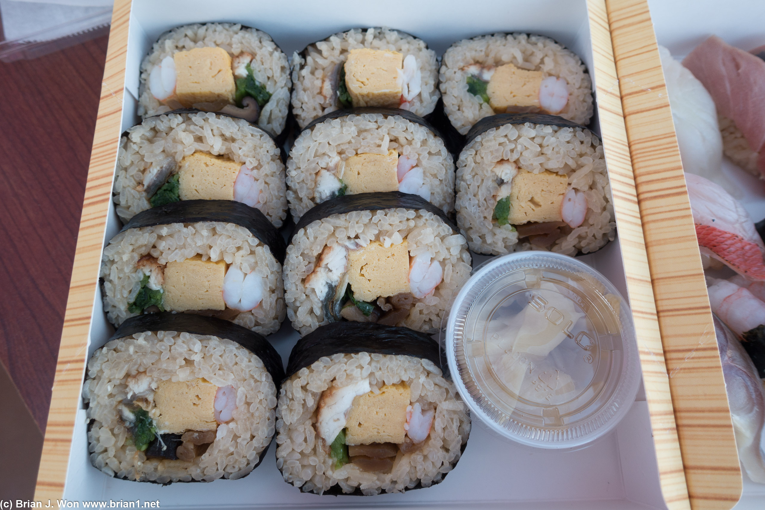 Futomaki: unagi (eel), tamago, shrimp, kanpyo (squash), greens.