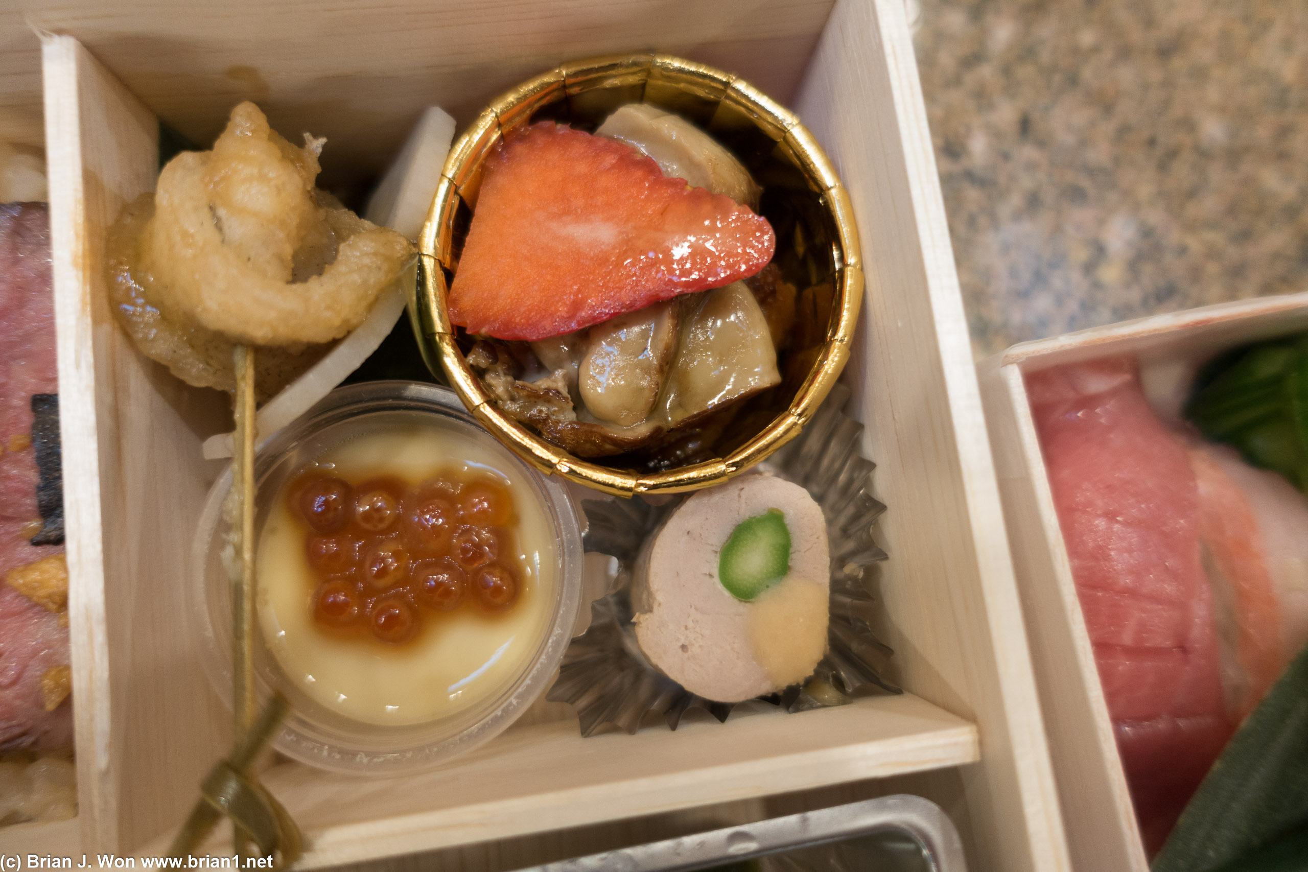 Uni chawanmushi with ikura, tuna asparagus, kisu nanban, renkon, unagi duck liver and strawberry.