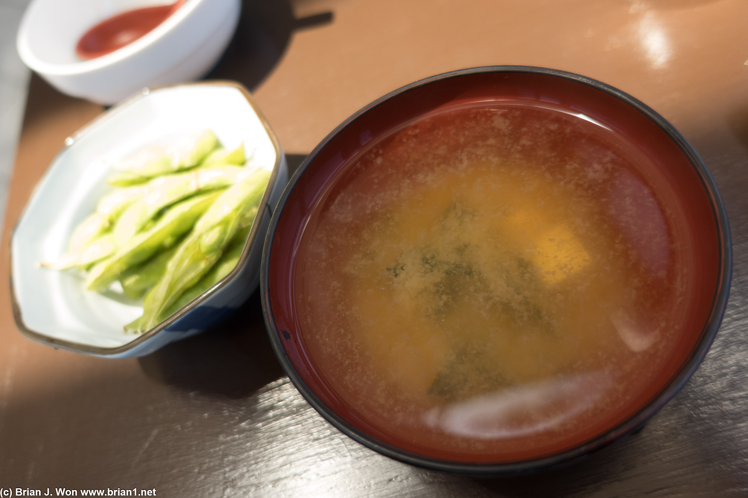 Miso soup and edamame.
