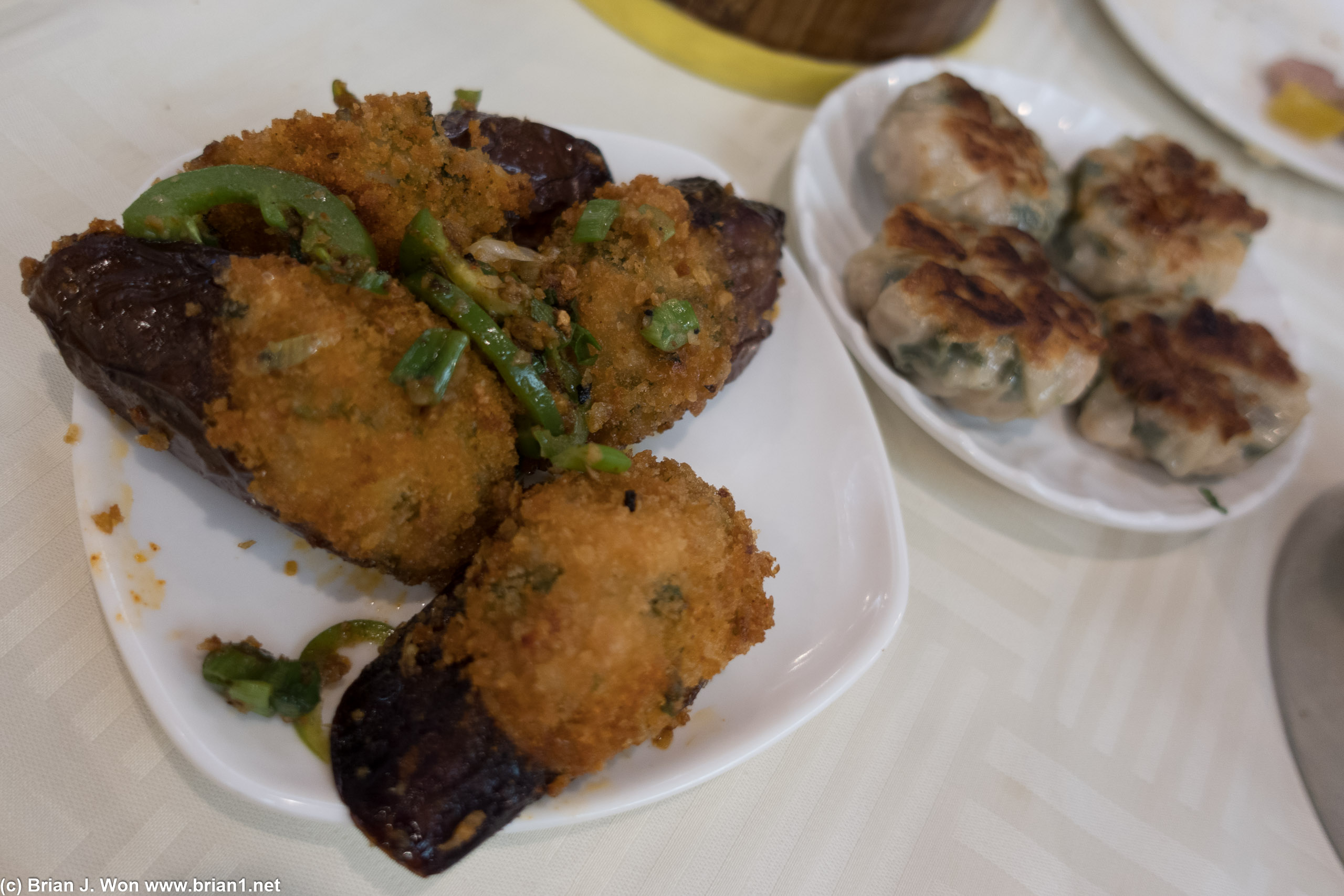 Djeen yeung cay djee (stuffed eggplant) and gow chow gow. Former wasn't pretty, but it wasn't too bad.