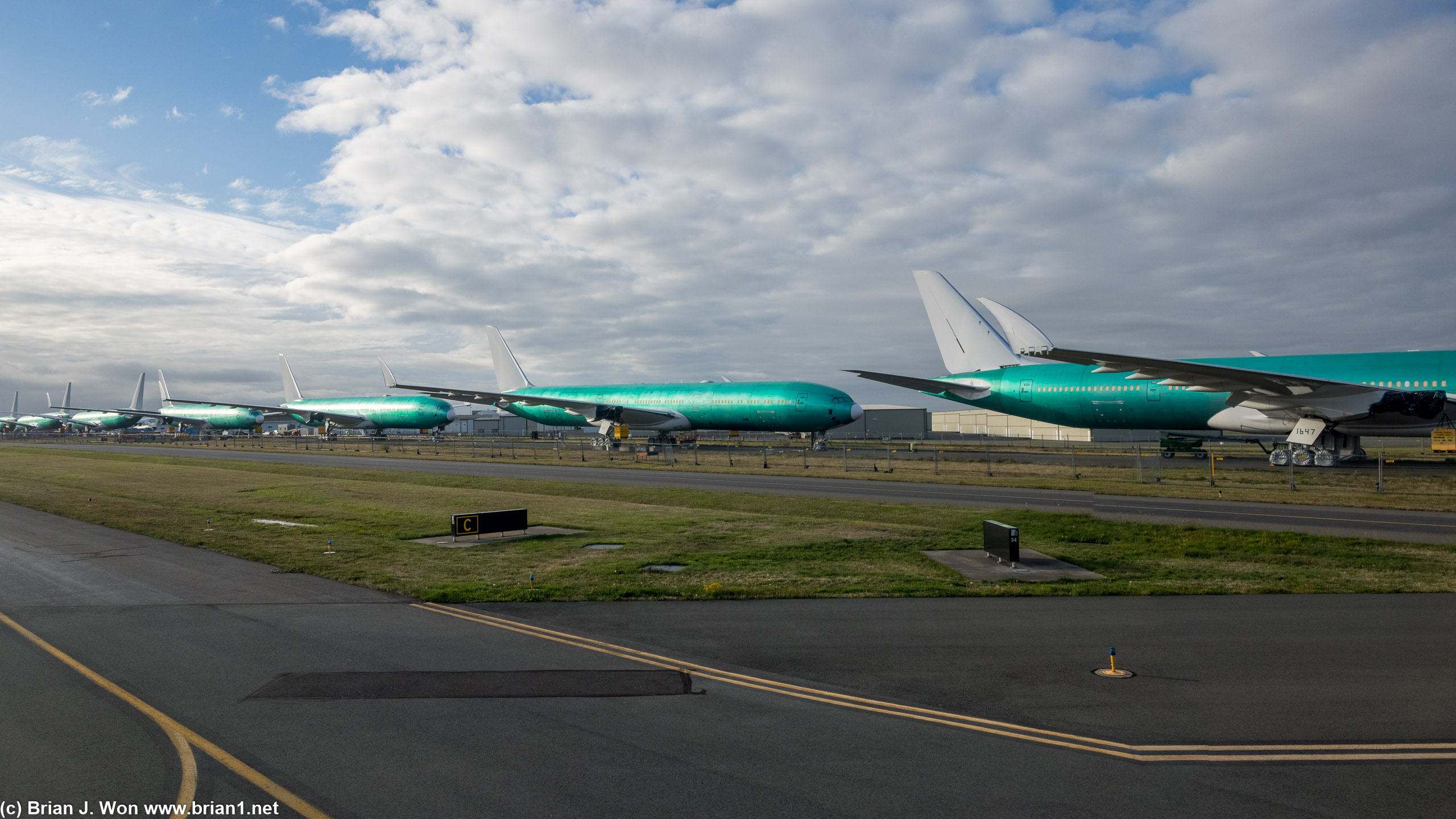 Seven 777X's parked at Paine Field.