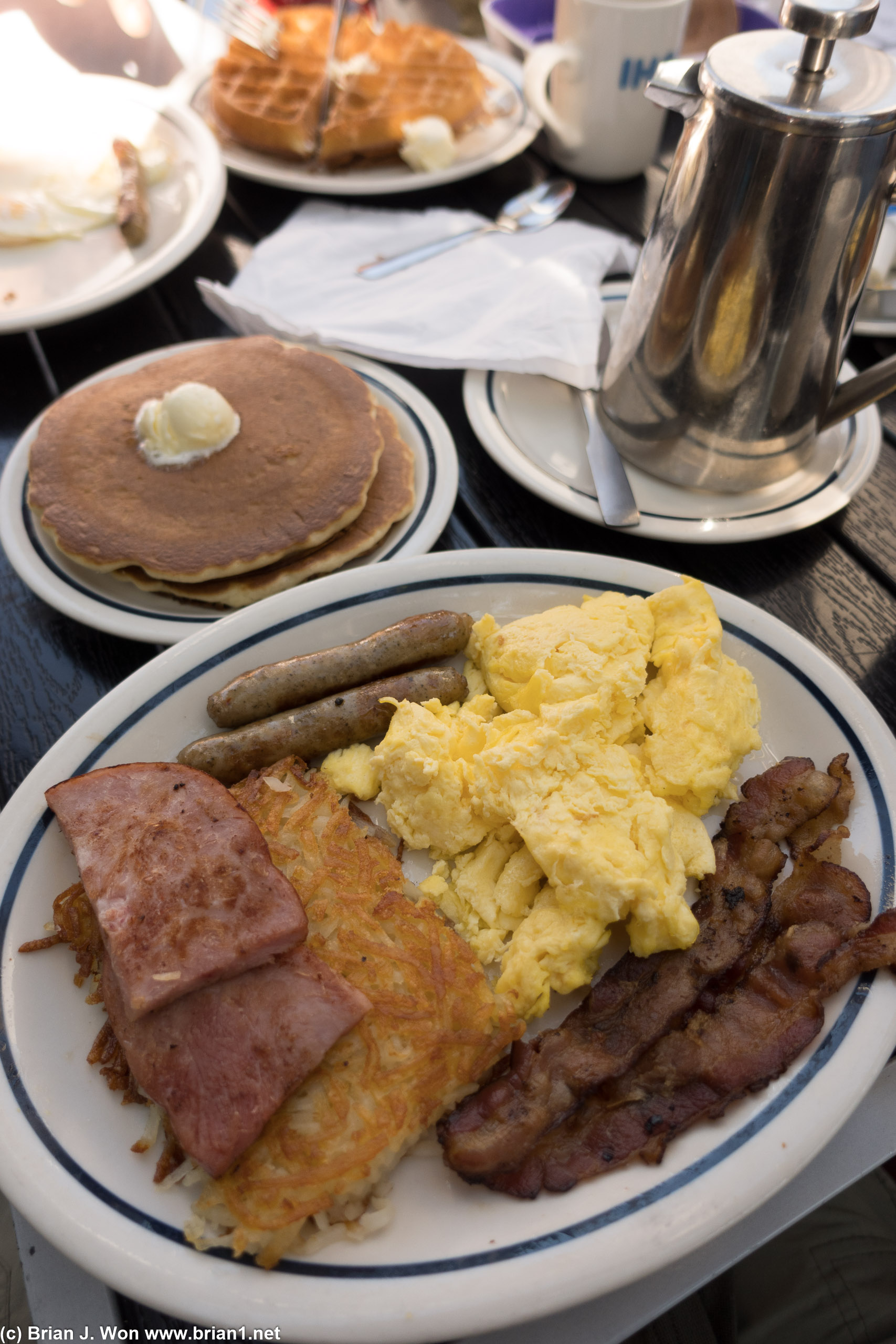 Breakfast sampler. Probably like 1,000,000 calories, 100 grams of sodium, and 10,000 grams of fat.