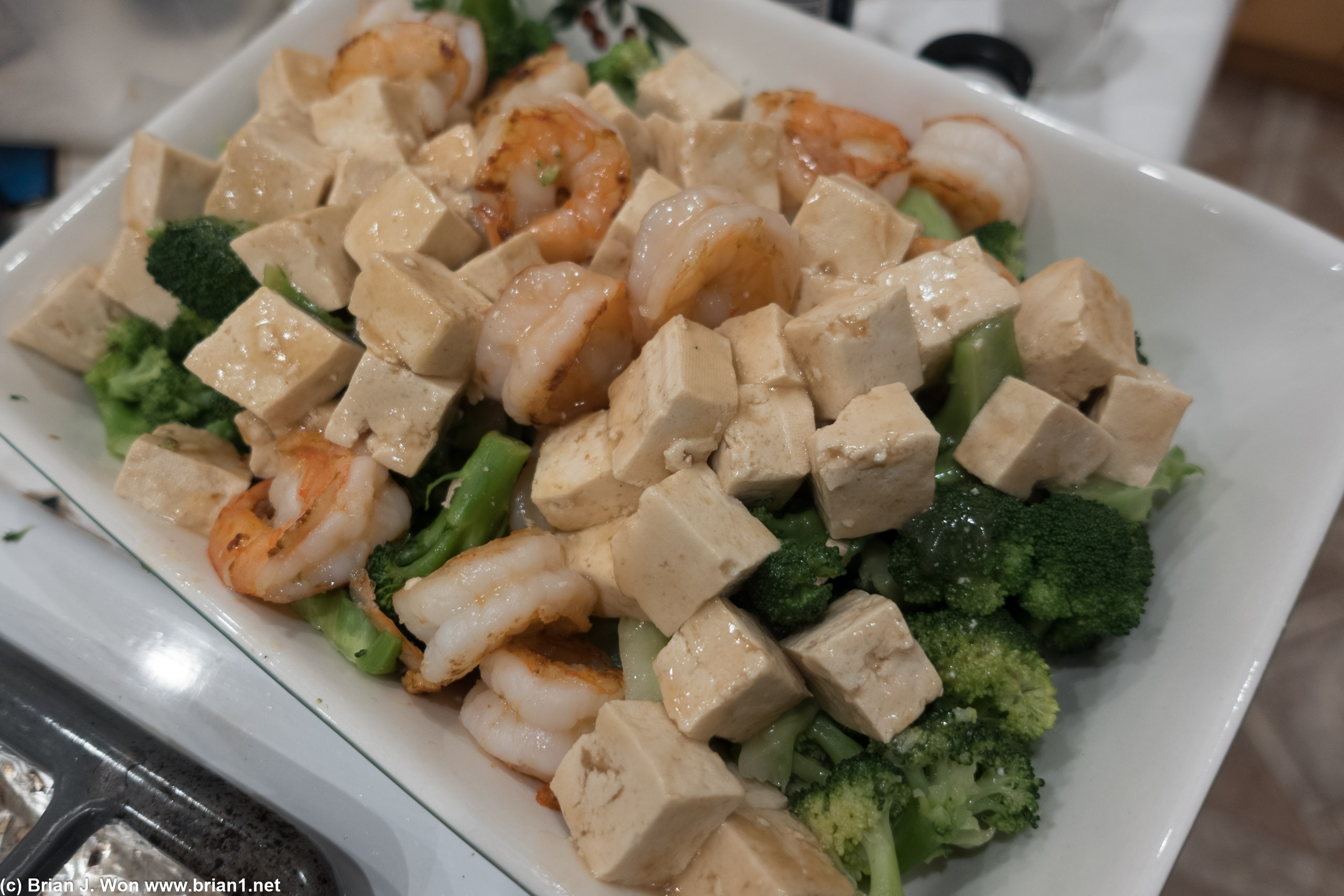 Broccoli, shrimp, tofu.
