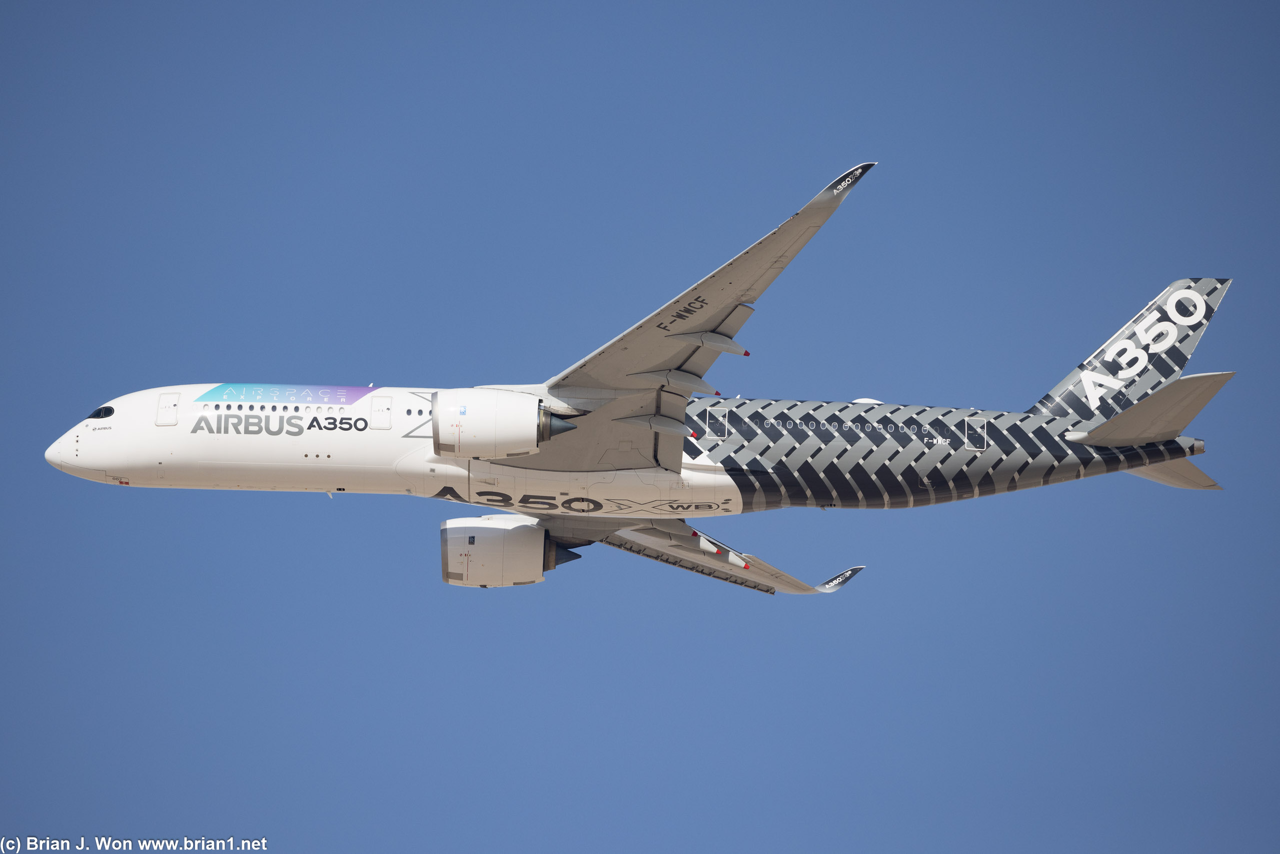 Airbus A350-900 prototype shows off its curved wingtips.